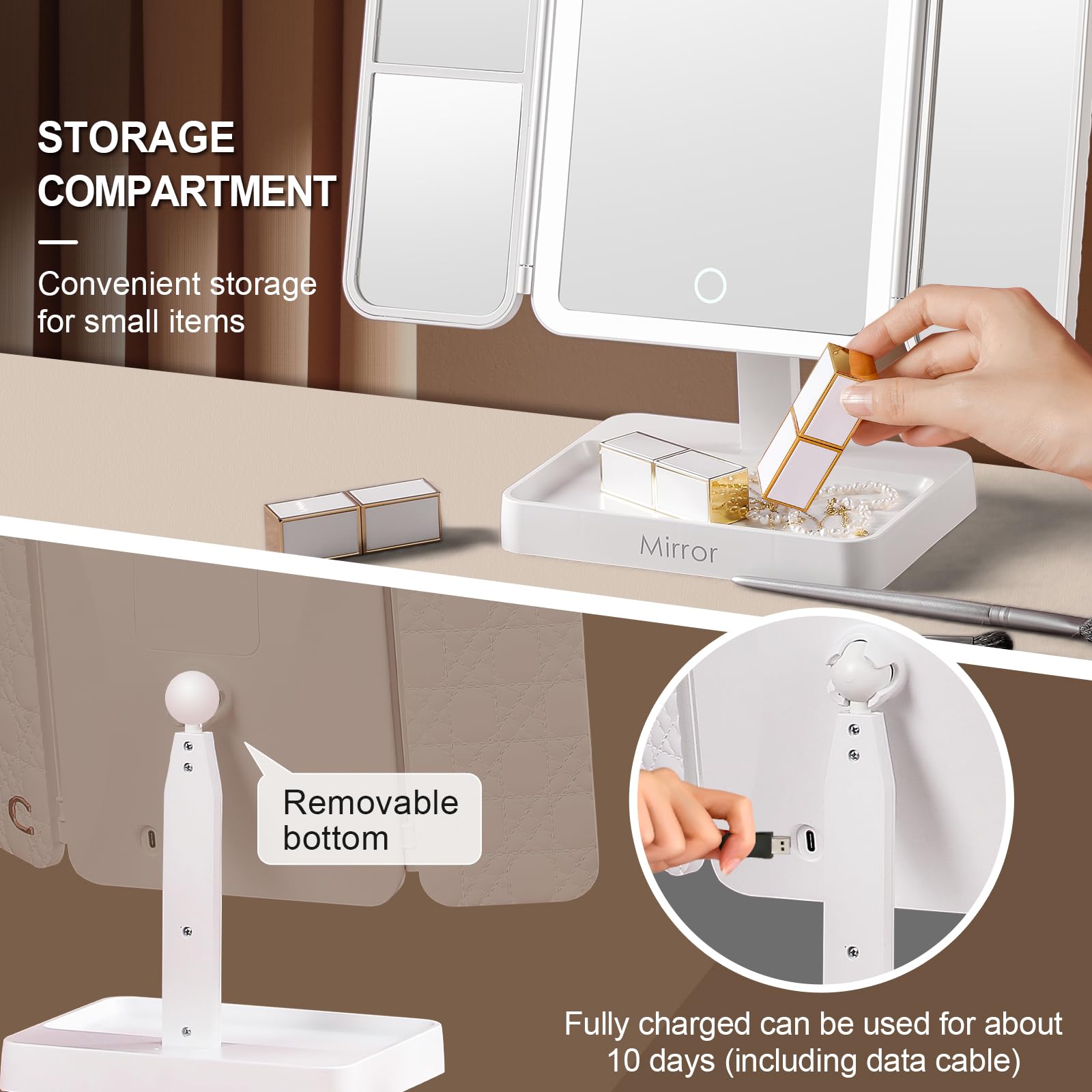 Makeup Mirror Vanity With Lights, 83 Leds, 360-Degree Uniform Fill Light, 3-Color Lighting, Touch Control, Trifold Makeup Mirror