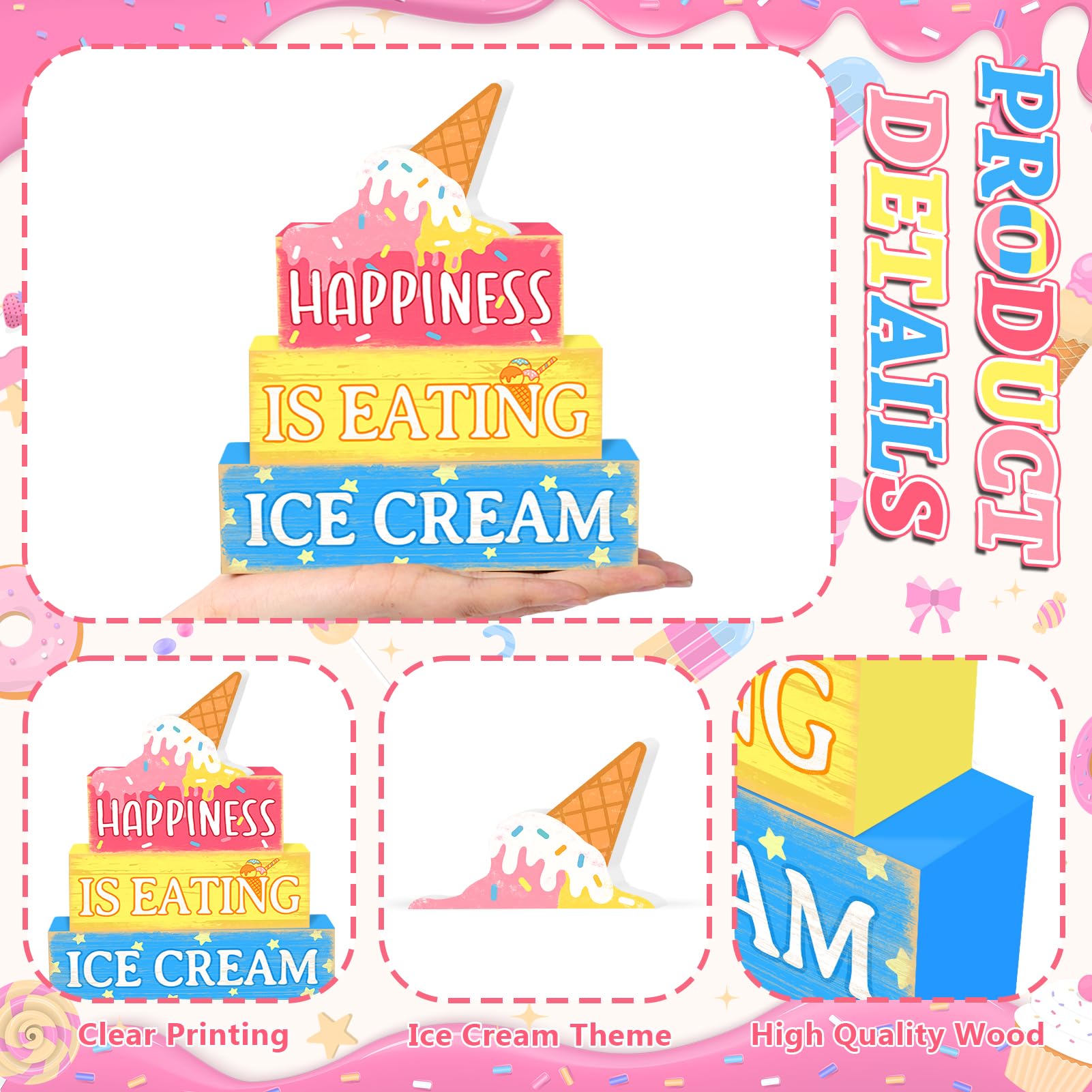 Britimes 4 Pcs Ice Cream Tiered Tray Decorations Set Popsicle Stack Block Signs Sunshine Farmhouse Rustic Tabletop Tiered Tray D