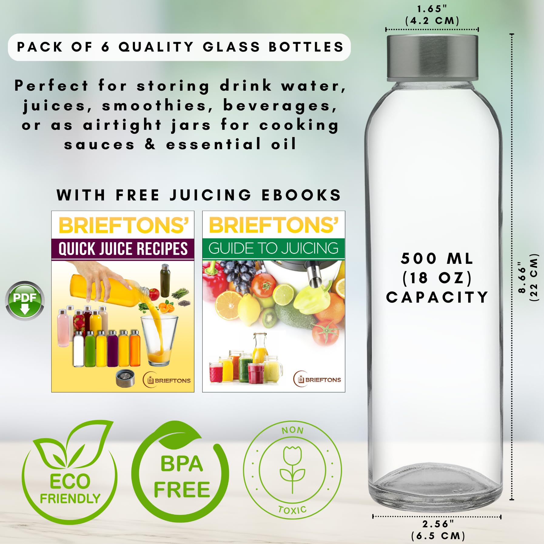 Brieftons Glass Water Bottles With Caps: Clear  6 Pack  18 Oz  Leakproof Lids  Premium Soda Lime  Best As Reusable Drinking Bottle  Sauce Jar  Juice Beverage Container  Kefir Kit  With Cleaning Brush