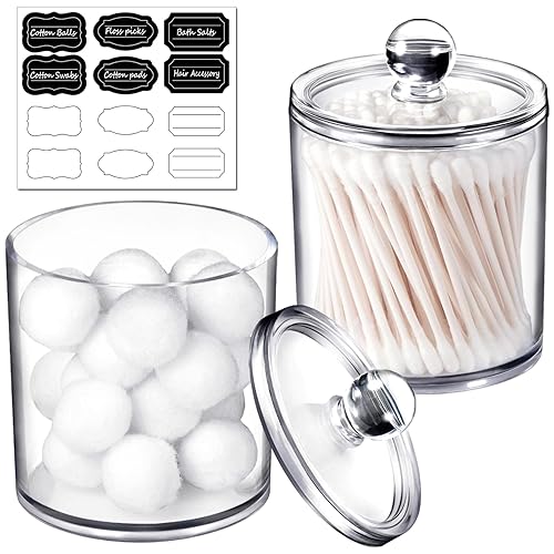 15 Oz Qtip Dispenser Apothecary Jars Bathroom with Labels - Qtip Holder Storage Canister Clear Plastic Acrylic Jar for Cotton Ball Cotton Swab Q-tips Cotton Rounds (2 Pack Small)