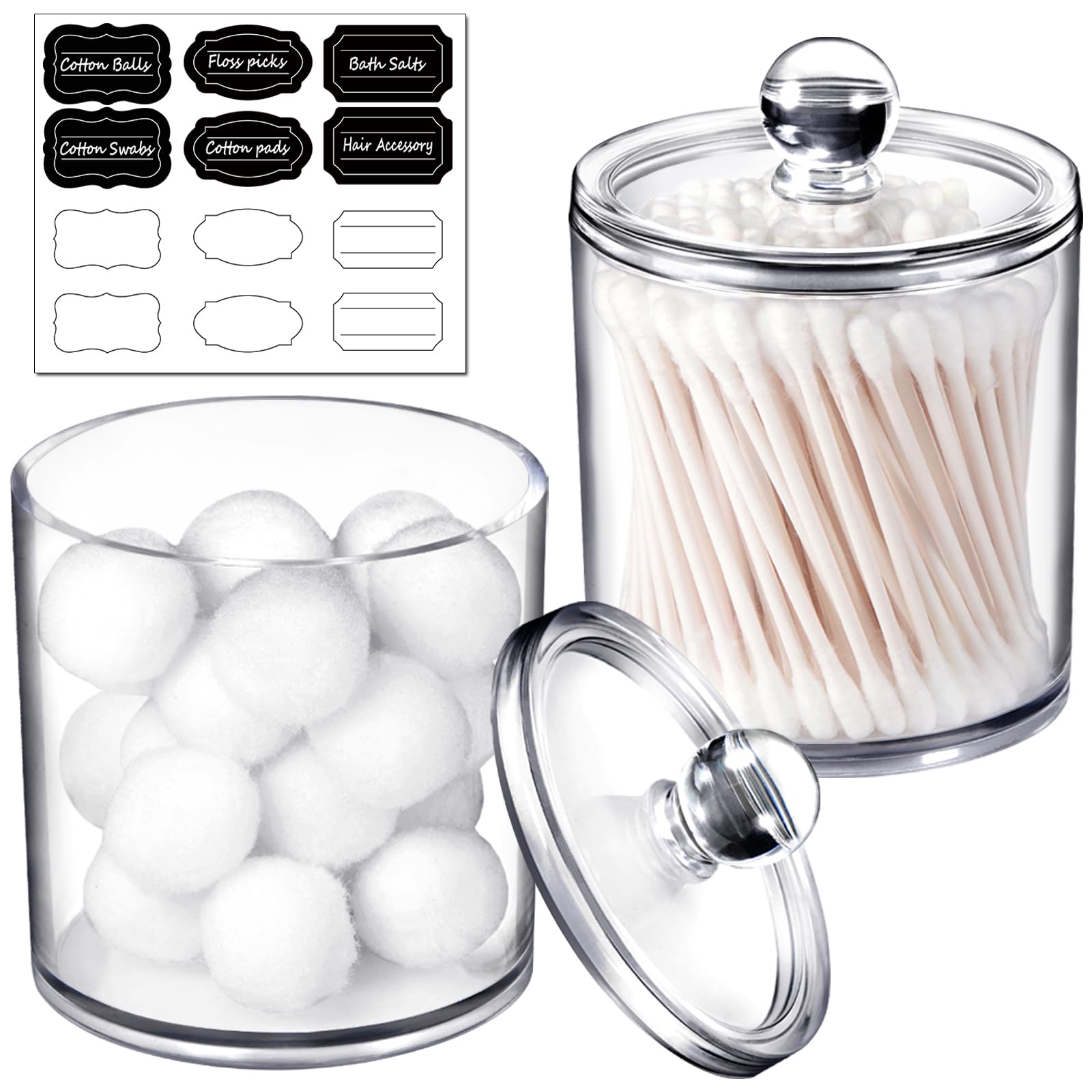 15 Oz Qtip Dispenser Apothecary Jars Bathroom with Labels - Qtip Holder Storage Canister Clear Plastic Acrylic Jar for Cotton Ball Cotton Swab Q-tips Cotton Rounds (2 Pack Small)