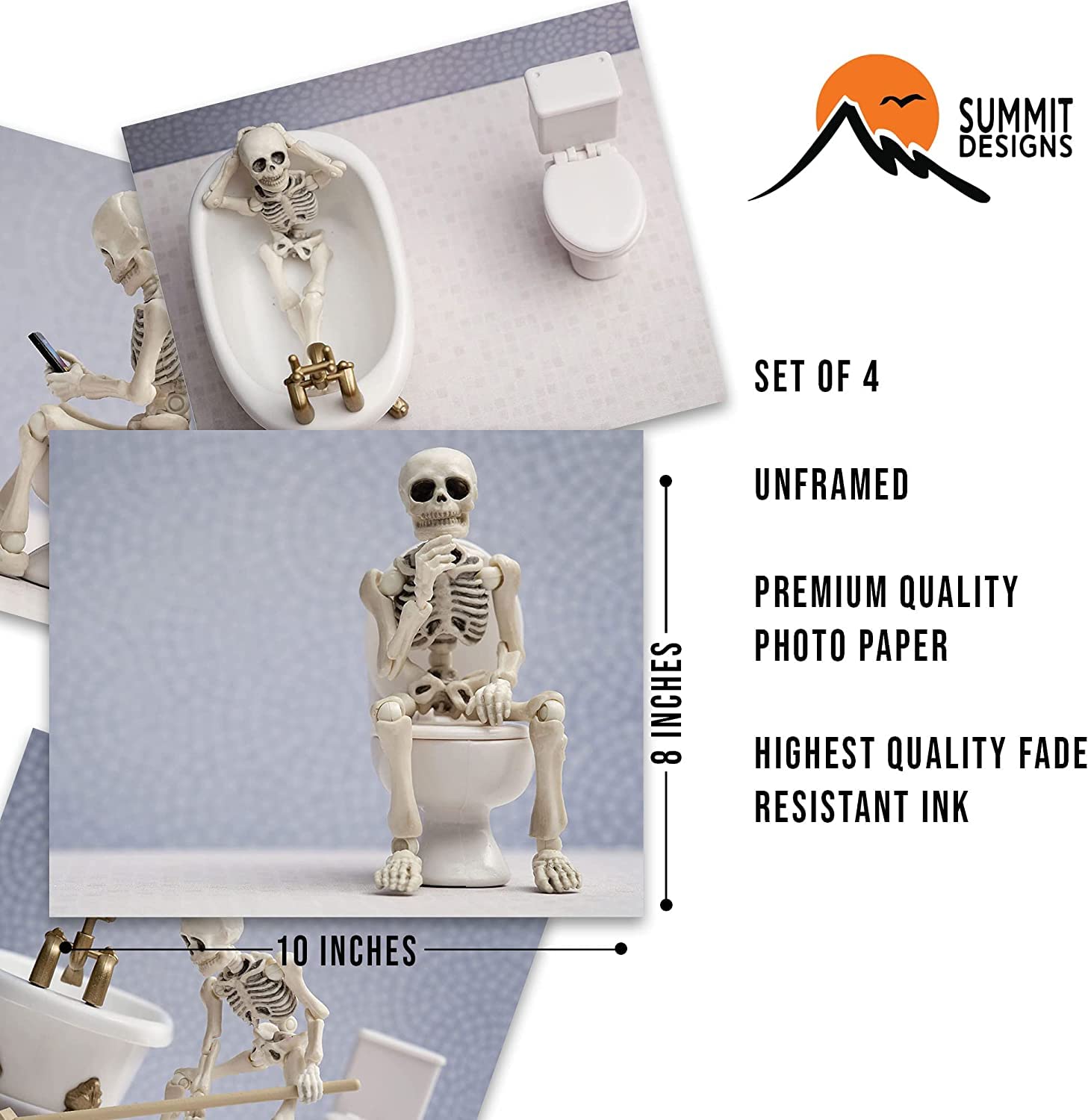 Summit Designs Skeleton Bathroom Prints - Funny Hipster Skull And Bones Wall Art Decor - Set Of 4 (11X14) Photos - Funny Bathroo