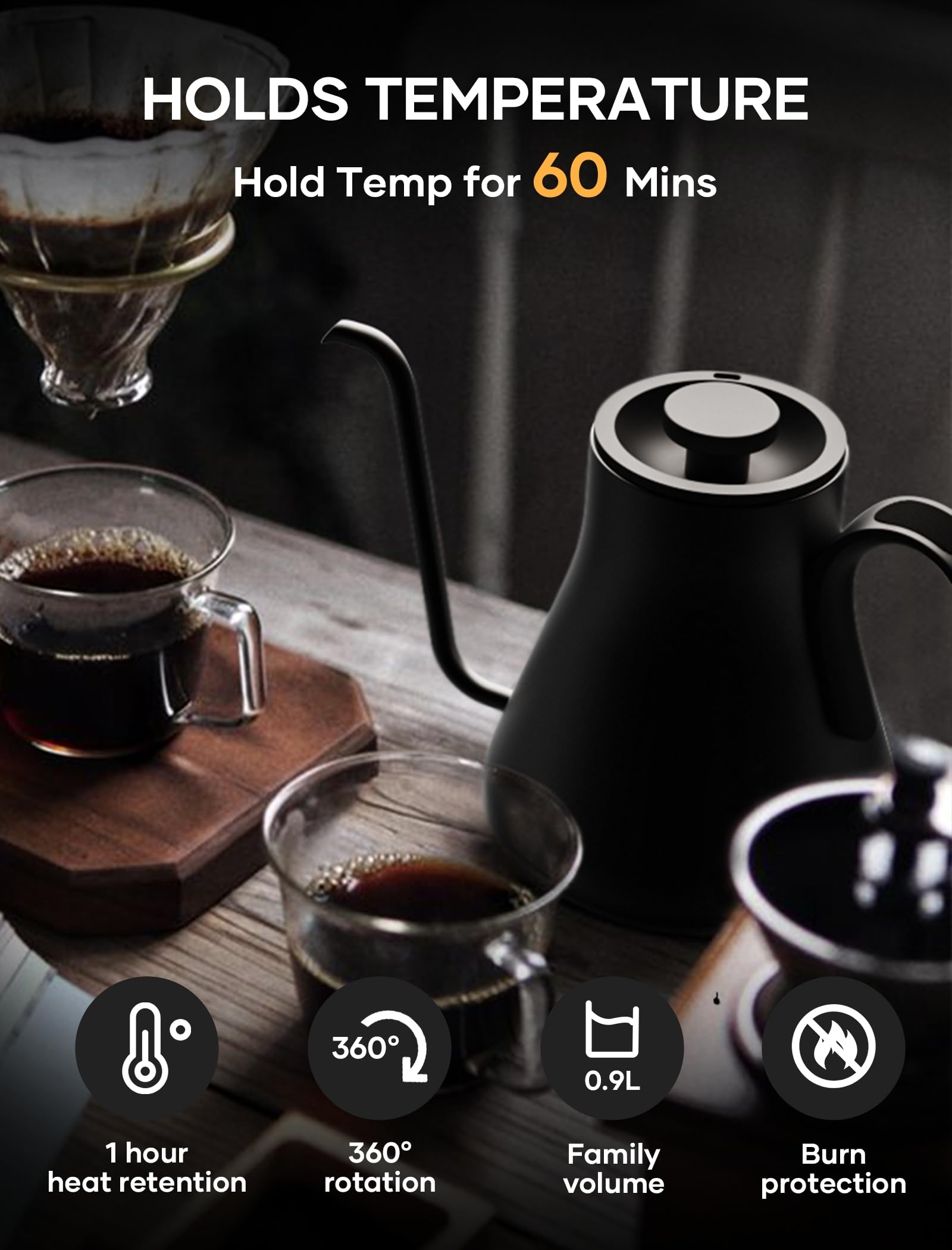 Cocinare Electric Gooseneck Kettle With Temperature Control, Pour Over Coffee & Tea, 1200W For 180-Sec Quick Boil Time, Stainles