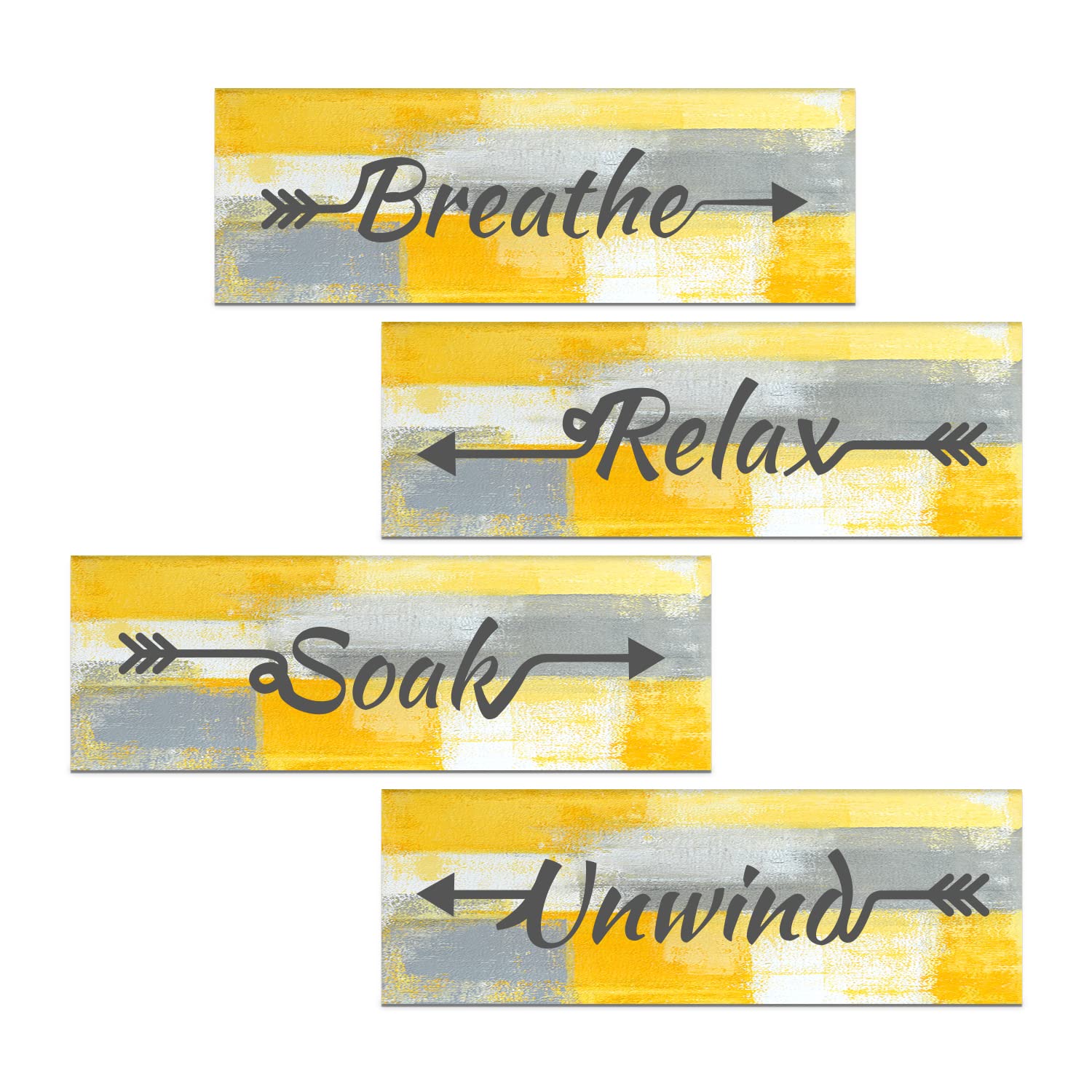 Lnond 4 Pieces Yellow Abstract Bathroom Wall Art, Relax Soak Unwind Breathe Bathroom Signs Decor, Wood Hanging Bathroom Wall Art