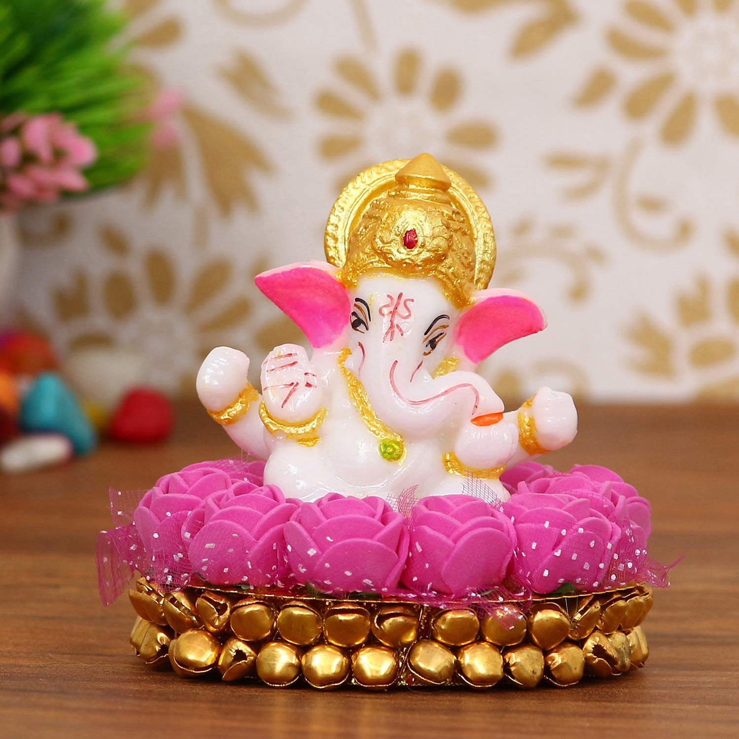 Ecraftindia Lord Ganesha Idol On Decorative Handcrafted Plate With Pink Flowers