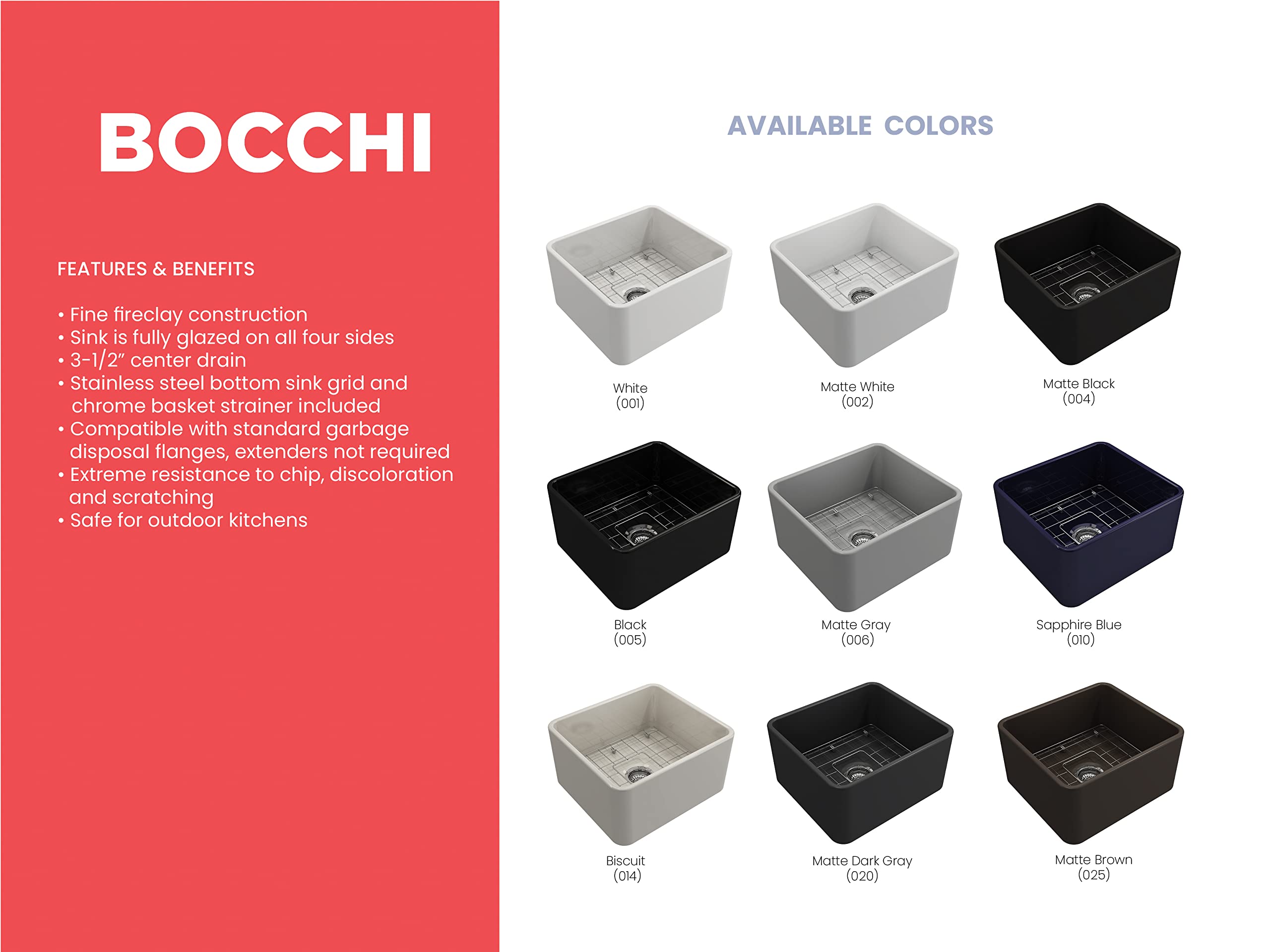 Bocchi Classico Farmhouse Apron Front Fireclay 20 In. Single Bowl Kitchen Sink With Protective Bottom Grid And Strainer In Black