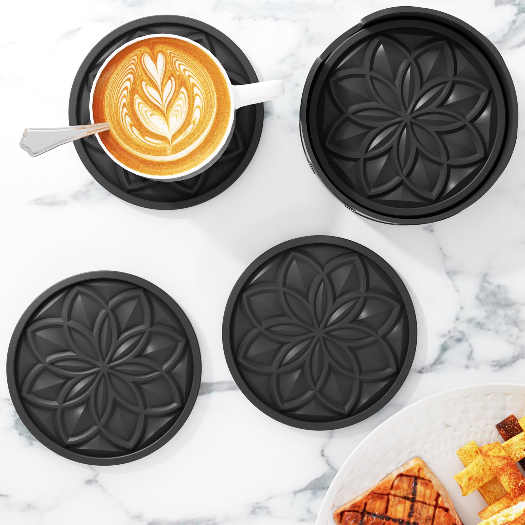 HFHOME Coasters for Drinks 6 Pack Silicone Coasters Set with Holder  Drink Coaster for Coffee Table  Table Cup Mat Desk Coaster for Drinks  Bar Coasters for Home Decor Tabletop Protection Gift - Black