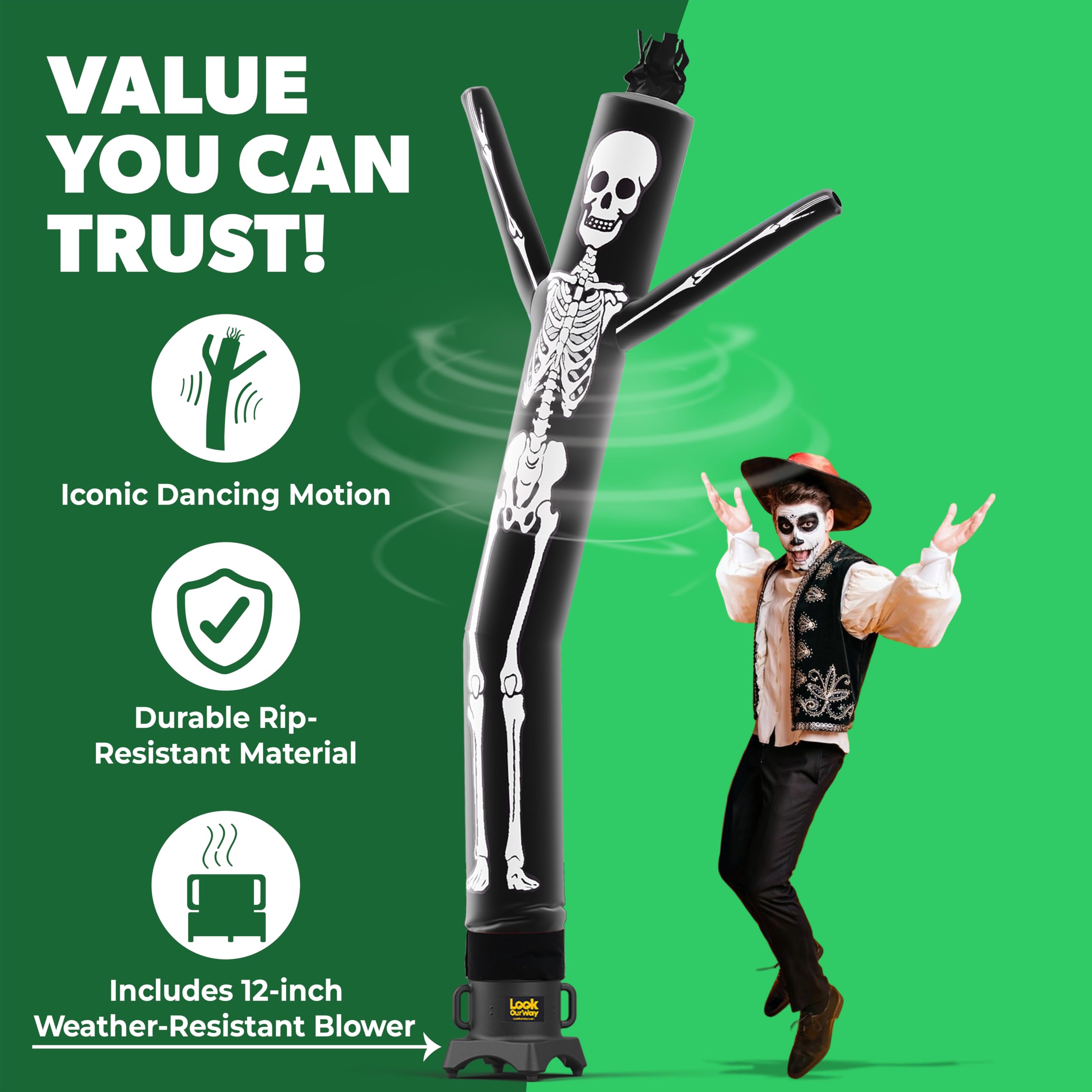 LookOurWay Halloween Air Dancers Inflatable Tube Man Set | 10ft Skeleton Wacky Waving Inflatable with 12-Inch Blower | Outdoor H