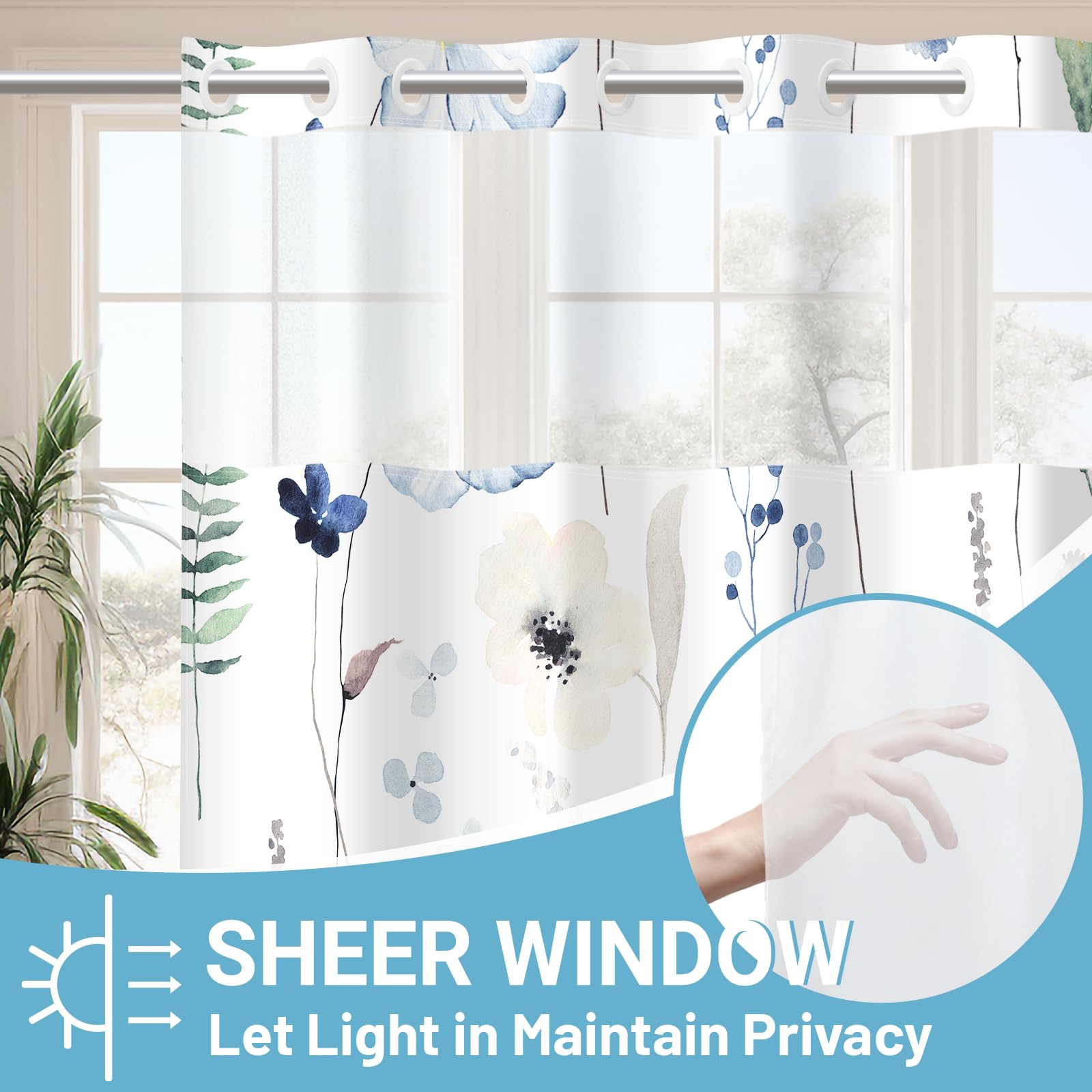 Withloc No Hook Shower Curtain With Snap In Liner - Floral Shower Curtain - Fabric Waterproof Inner Liner, Plants Watercolor Nav