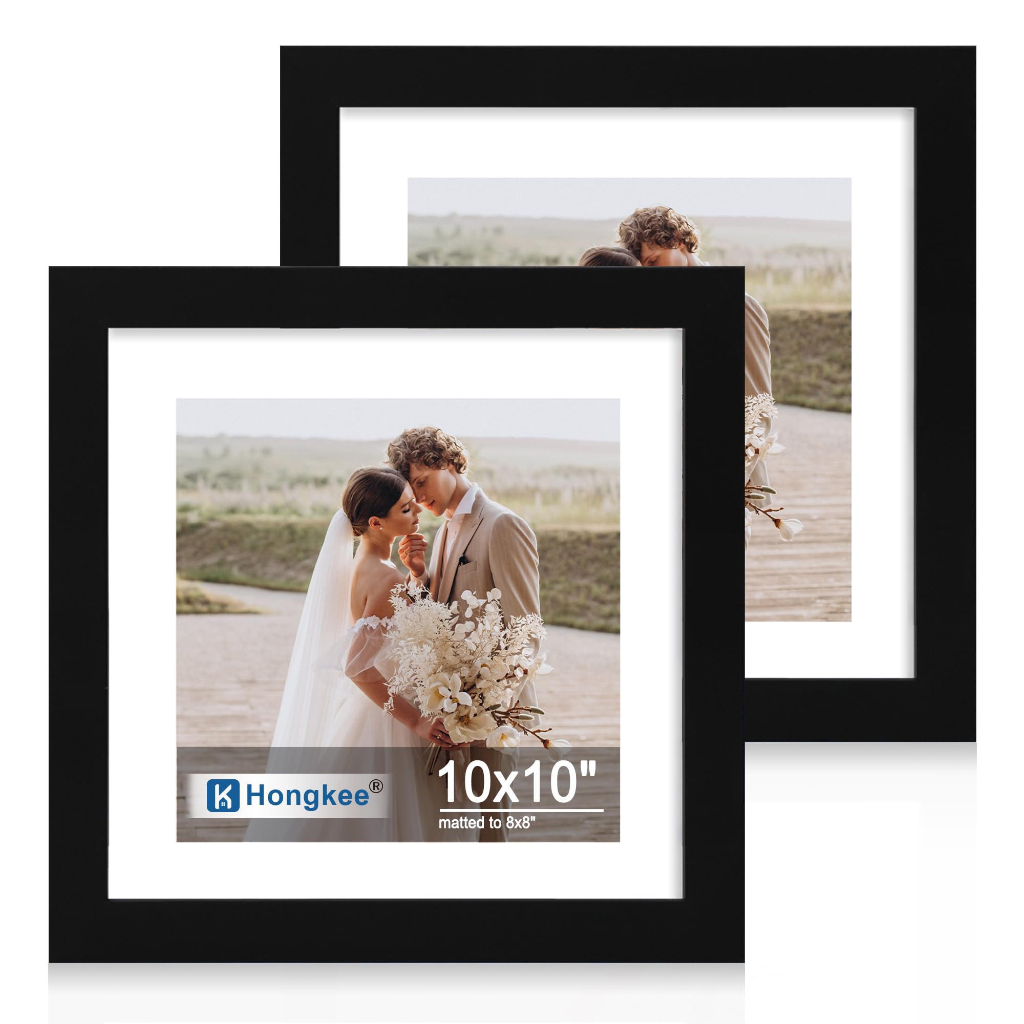 Hongkee 10x10 Picture Frame Set of 2, Made of Real Glass and Black Wooden Frame - Display Square 8x8 with Mat or 10x10 Without M