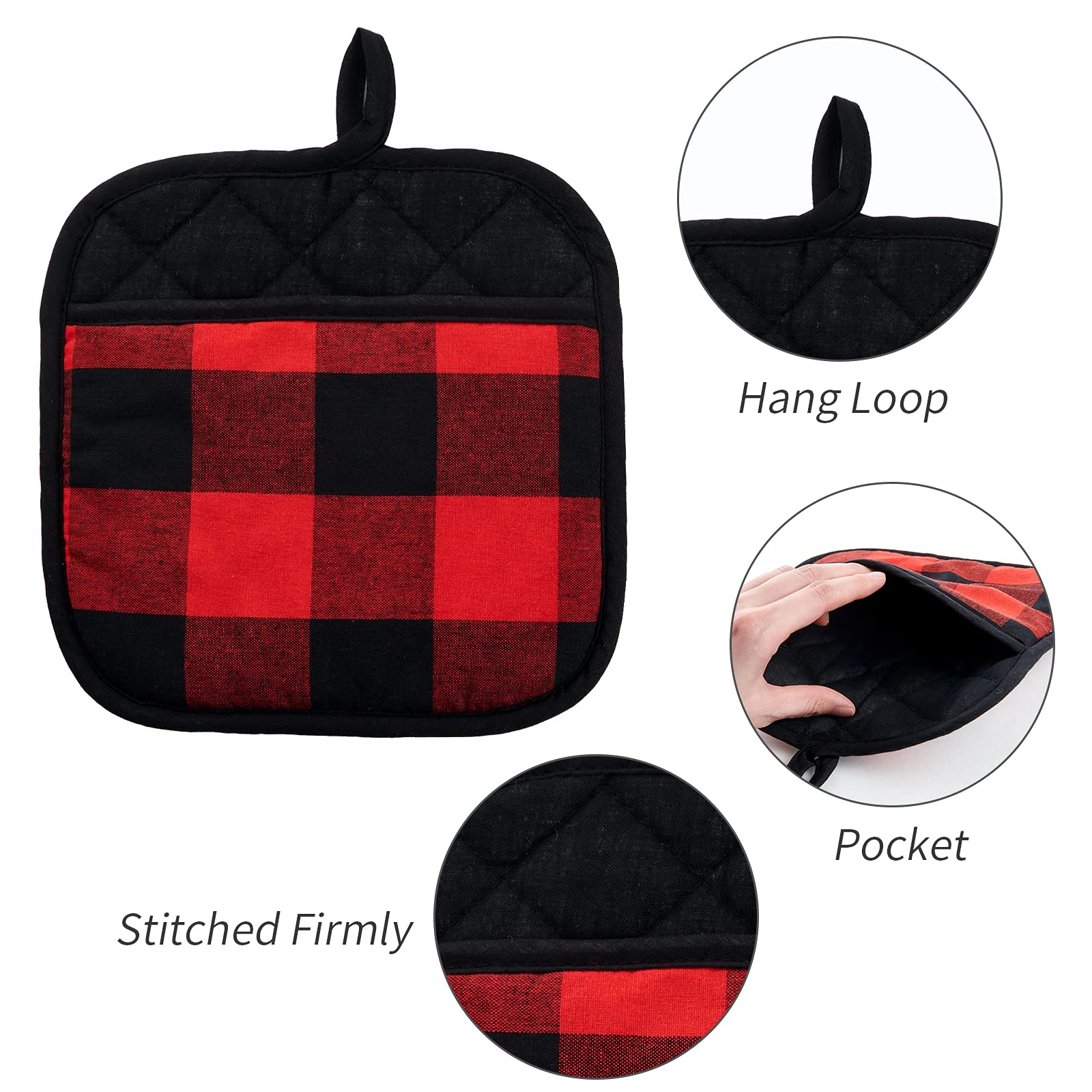 Joyhalo 4 Pack Christmas Pot Holders Buffalo Plaid, Pot Holders For Kitchen Heat Resistant Potholder, Pot Holder, Hot Pads For K