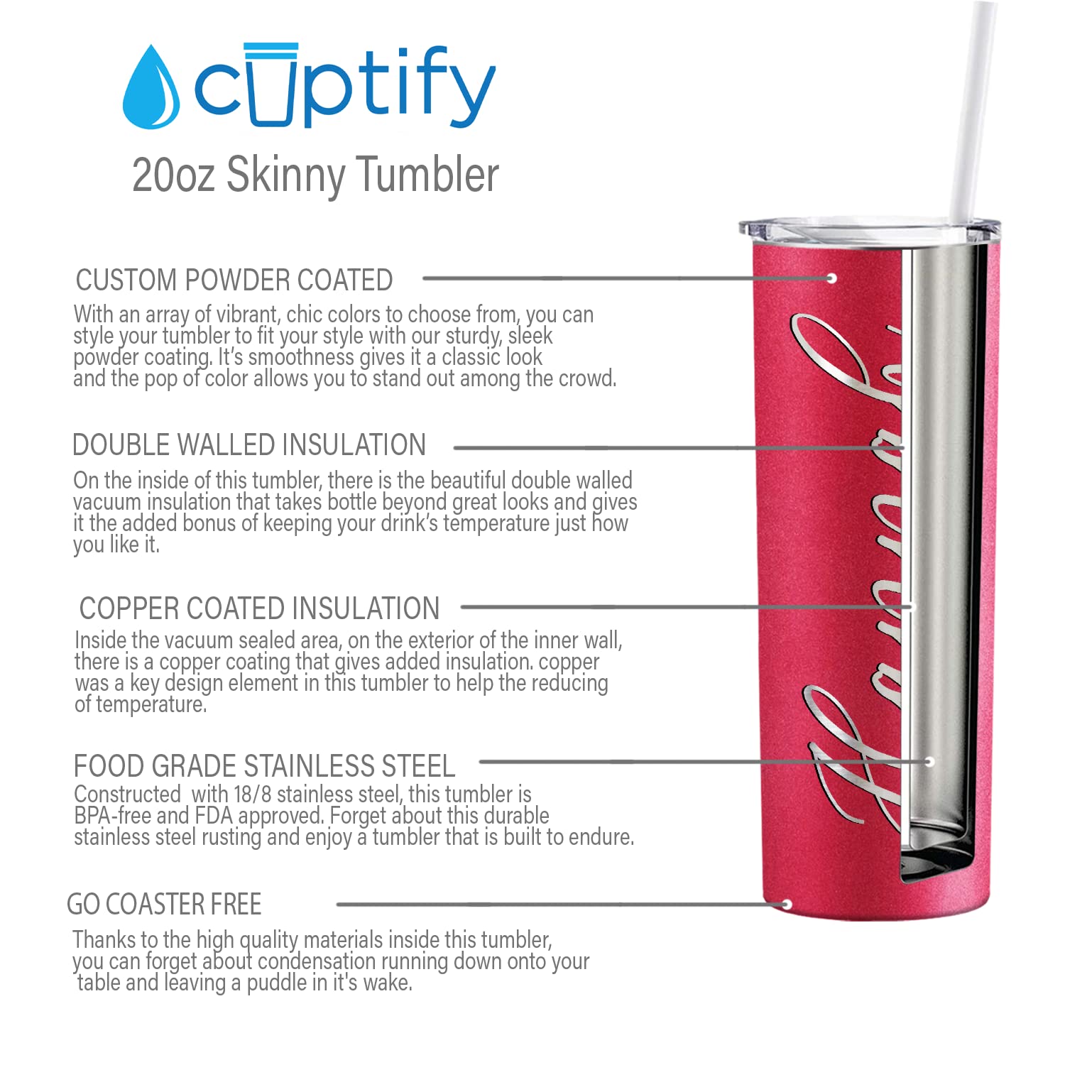 Personalized Skinny 20 Oz With Lid On Red Glitter Customized Laser Engraved Cup Gift Stainless Steel Vacuum Insulated Mug