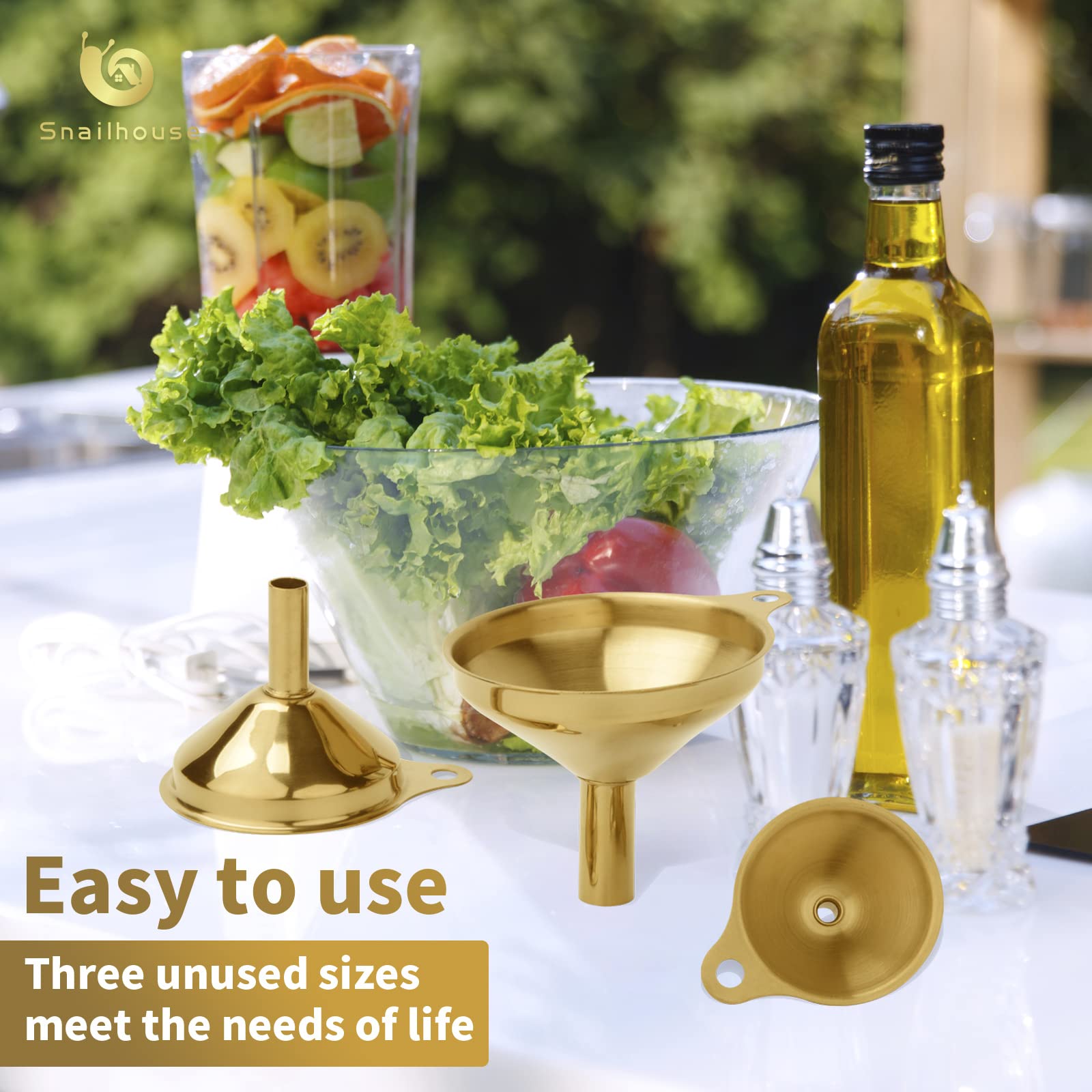 Snailhouse Small Funnels, 3 Pack Stainless Steel Mini Metal Food Funnel With Cleaning Brush Set For Filling Bottles Kitchen Use,