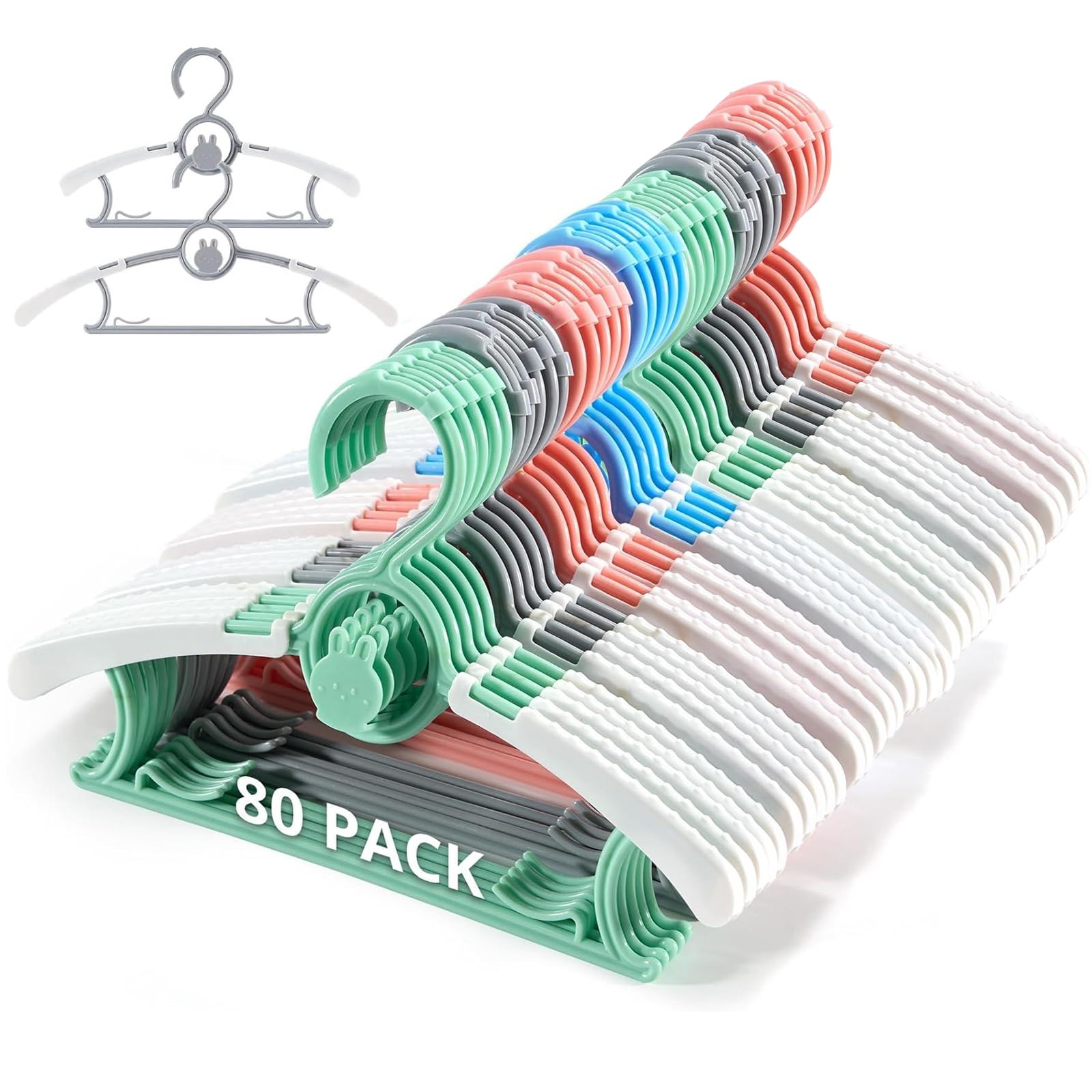 Piglog 80 Pack Baby Closet Hangers Kids Clothes Hangers Adjustable (Mix Colors) With Windproof Buckles, Extendable 11''-14'' Bab