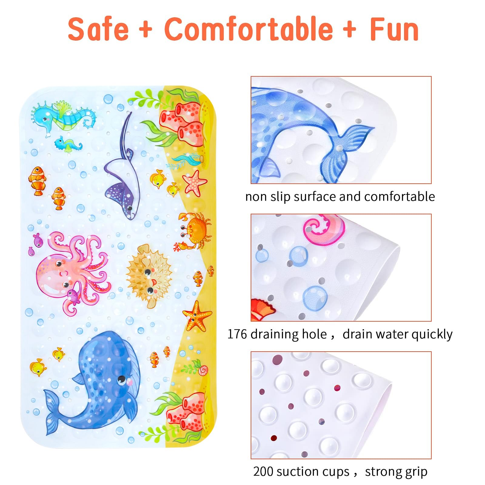 Secopad Kids Bath Mat For Tub Non Slip, 27.5In X 15In Large Cartoon Anti Slip Toddler Baby Bathtub Mat, Pink Octopus