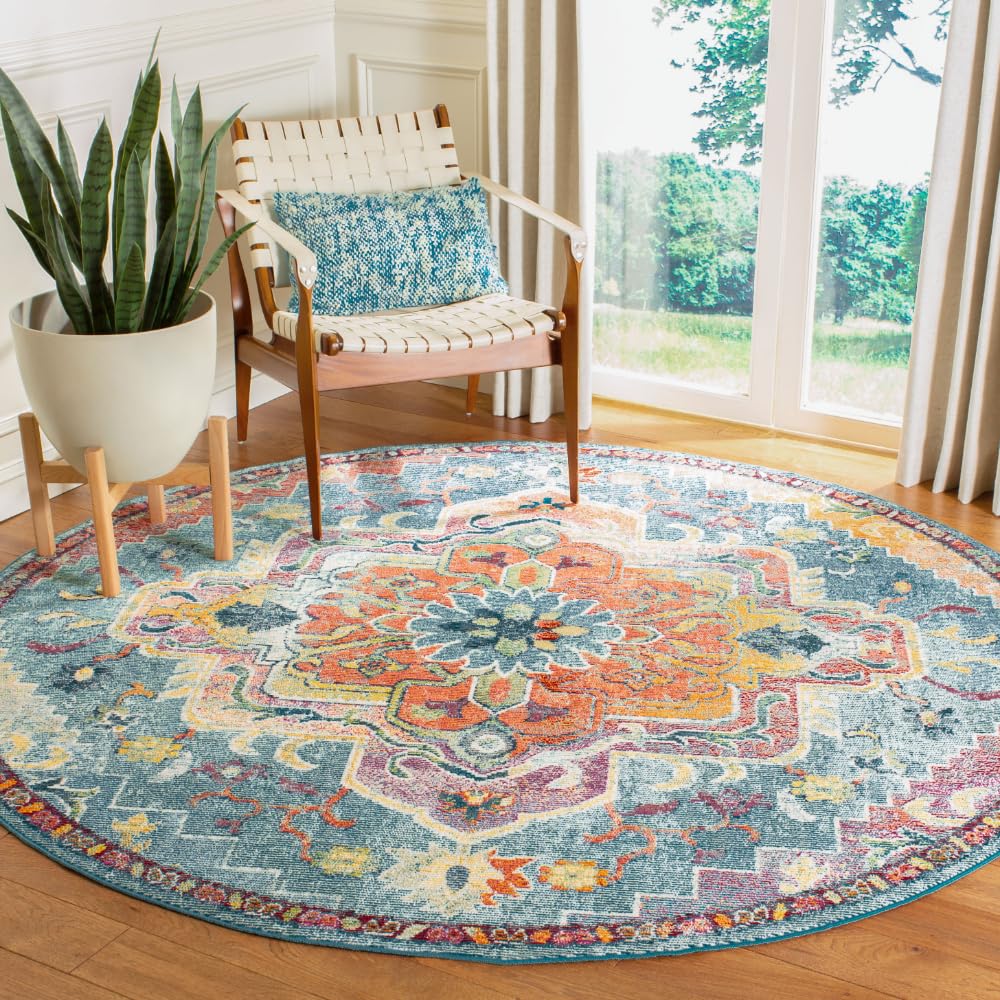 SAFAVIEH Crystal Collection Area Rug - 7 Round, Teal & Orange, Medallion Distressed Design, Non-Shedding & Easy Care, Ideal for