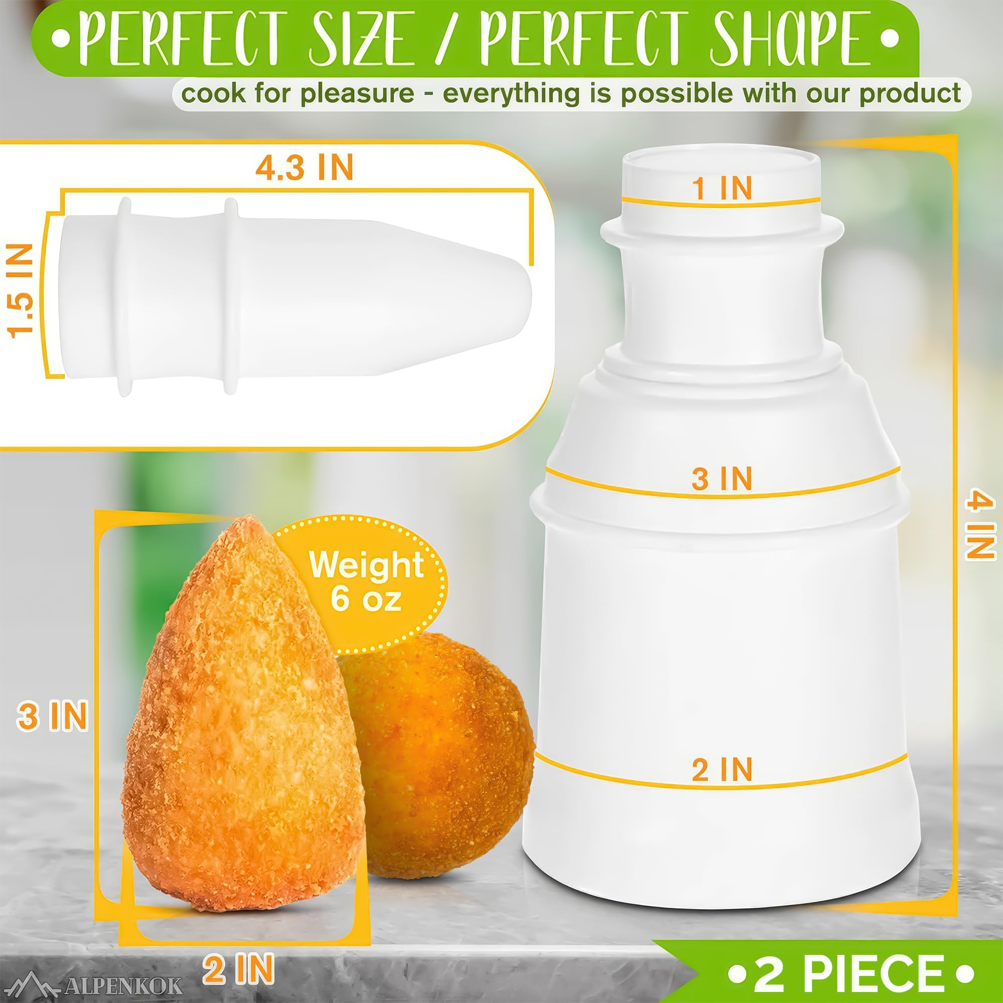 ALPENKOK Arancini Maker Mold Set of 2 - Round & Pointed Shapes, 4x3 in, Plastic, White, Model NBT-001