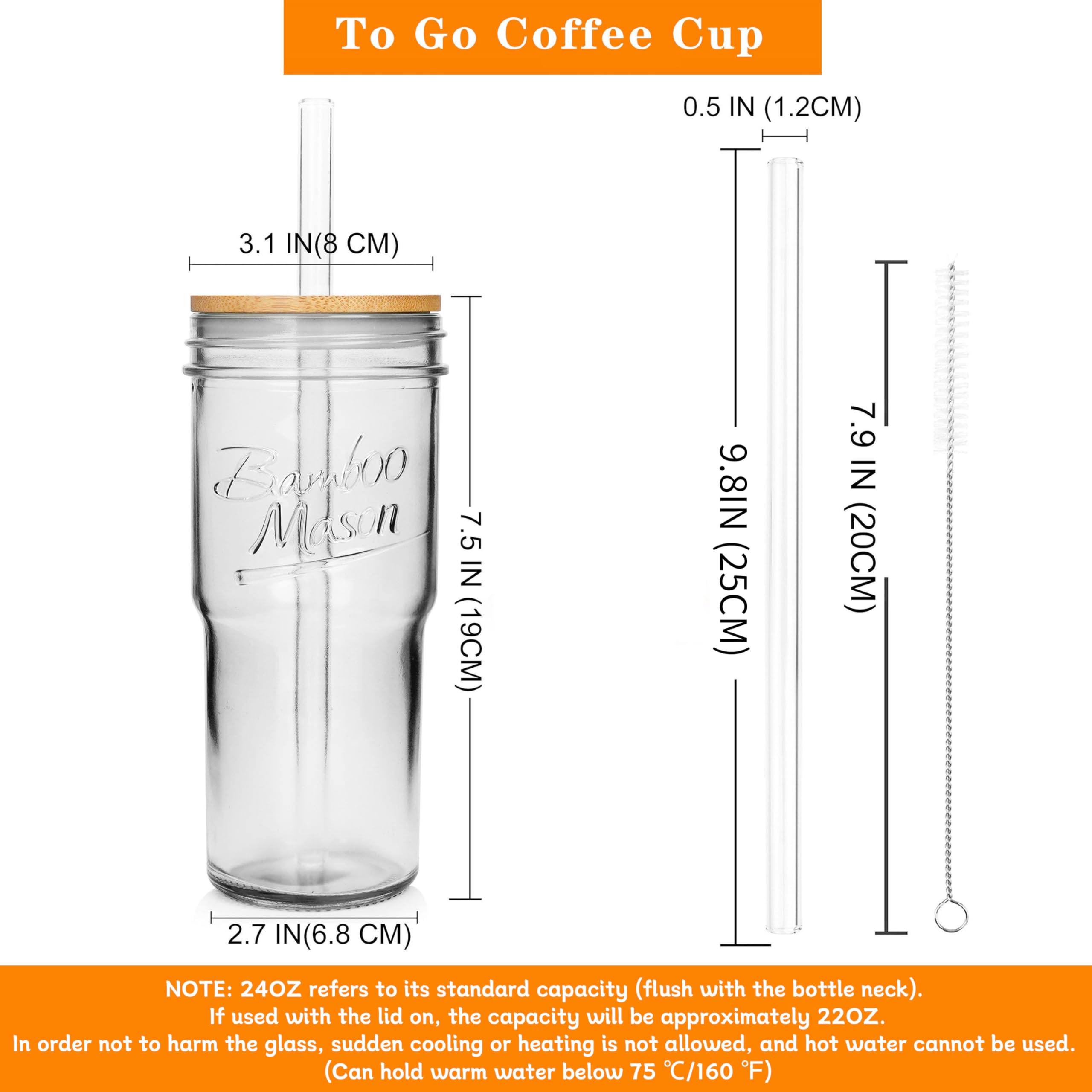 Anotion Glass Cups With Lids And Straws 4 Packs, 24Oz Travel Coffee Mug Wide Mouth Mason Jar Iced Coffee Cup Smoothie Cup Glass