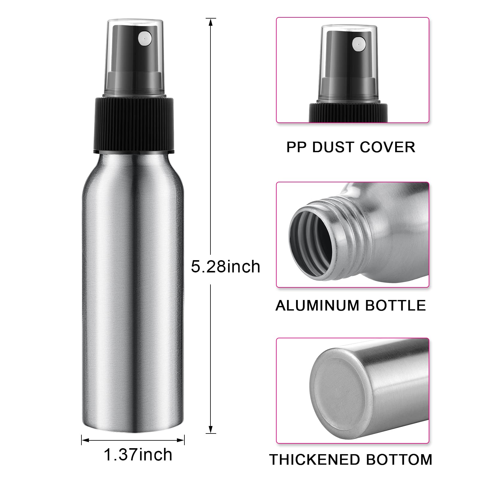 2Oz Aluminum Fine Mist Spray Bottles Reusable Metal Atomizer Bottles Empty Small Spray Bottle Storage Travel Size With Black Pum
