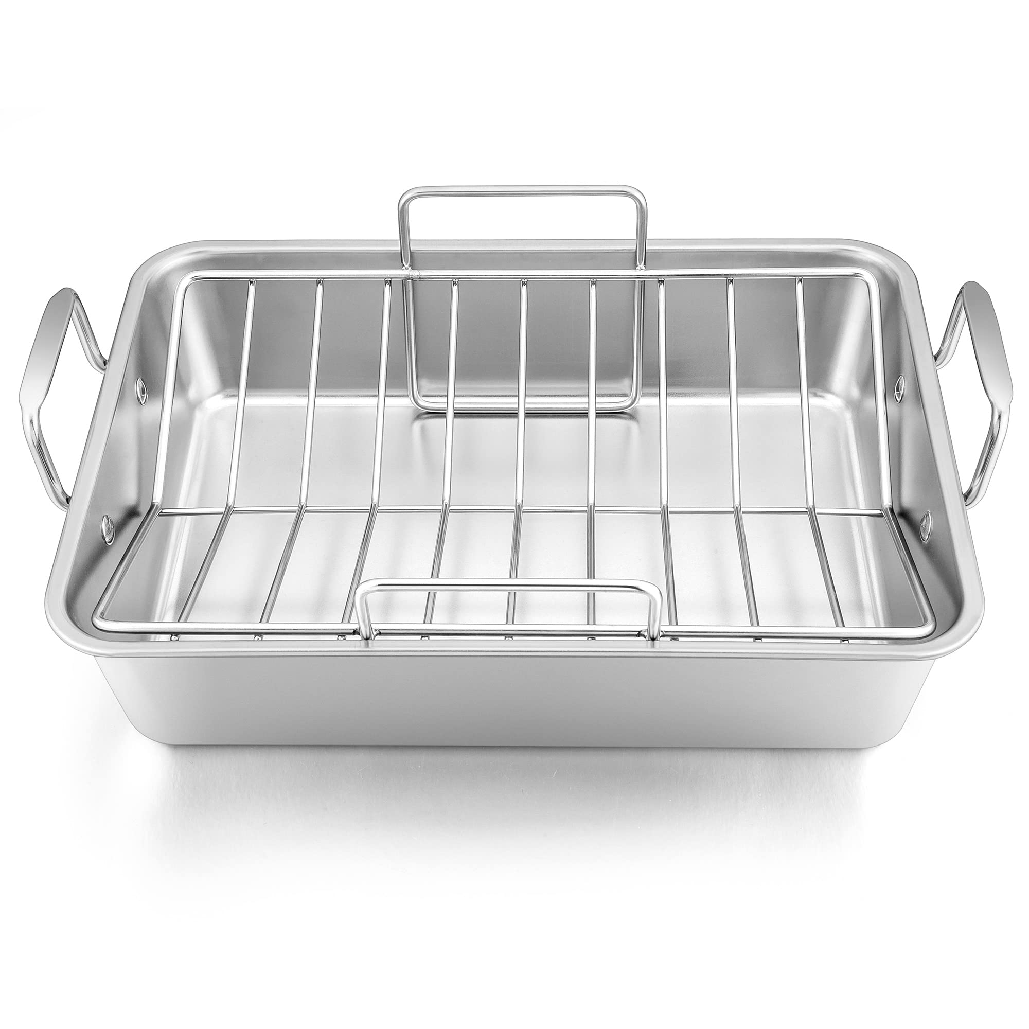 Leonyo Roasting Pan With V-Shaped Rack, Stainless Steel Rectangular 16    Turkey Roaster Pan With Handles For Chicken Lasagna Ve