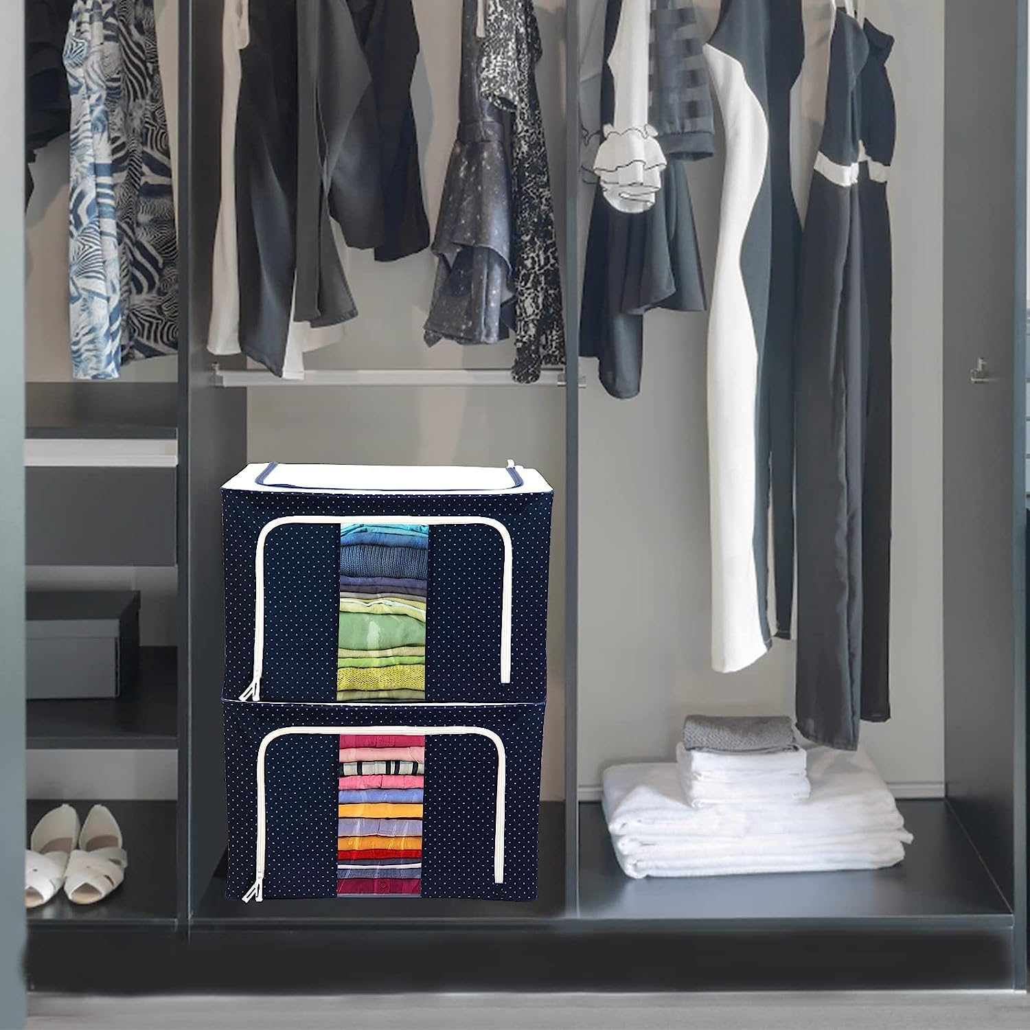 StarCart Storage Box for clothes Cloth storage box wardrobe organizers (66 Ltr - Pack of 3, Blue Polka)