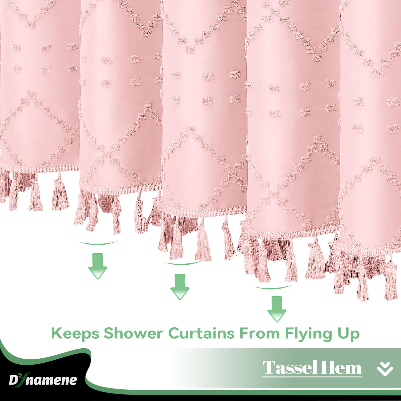Dynamene Pink Fabric Shower Curtain, Boho Tufted Geometric Striped Tassel Shower Curtain For Bathroom, Shabby Chic Textured Mode