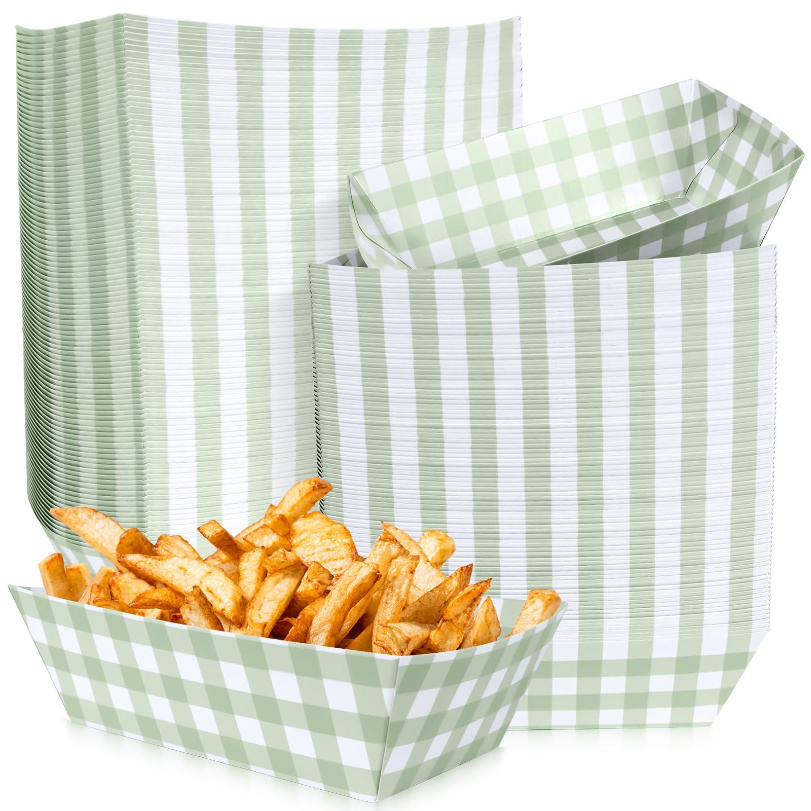 100 Pcs Sage Gingham Paper Food Trays, Pre-Folded Light Green Checkered Disposable Food Boats for Hot Dogs, Fries, Nachos, Snack