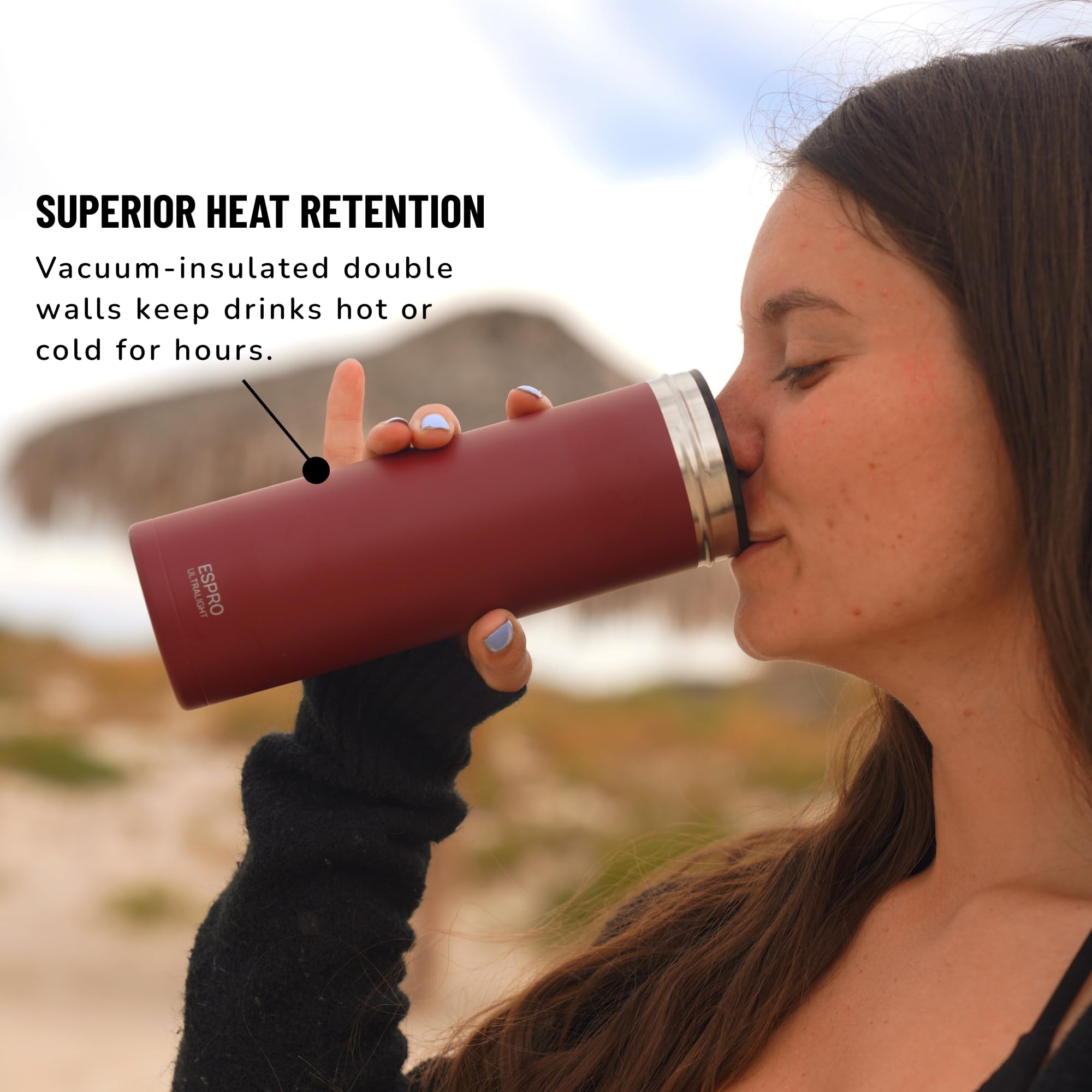 ESPRO P0 Ultralight French Coffee Press & Hydration Bottle, 16 oz, Stainless Steel, Vacuum Insulated, Cranberry