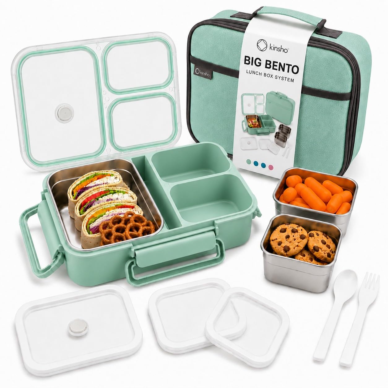 kinsho BIG Bento Lunch Box & Bag, Stainless Steel  Adults Teens Kids Green
