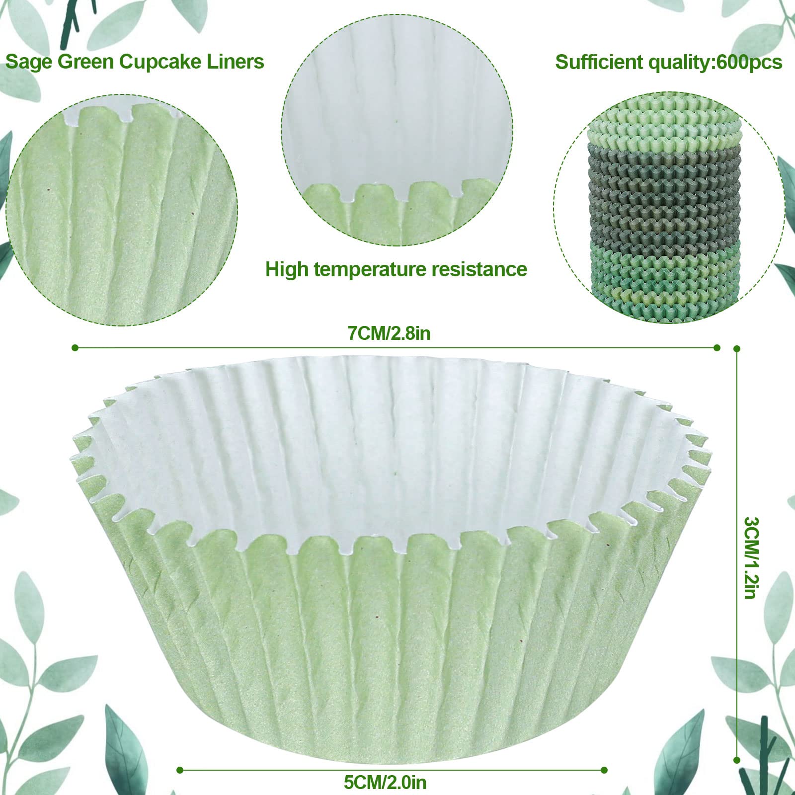 Whaline 600Pcs Green Cupcake Liners Dark Green Sage Green Light Green Baking Cups Gradient Green Wedding Cupcake Wrappers For Ba