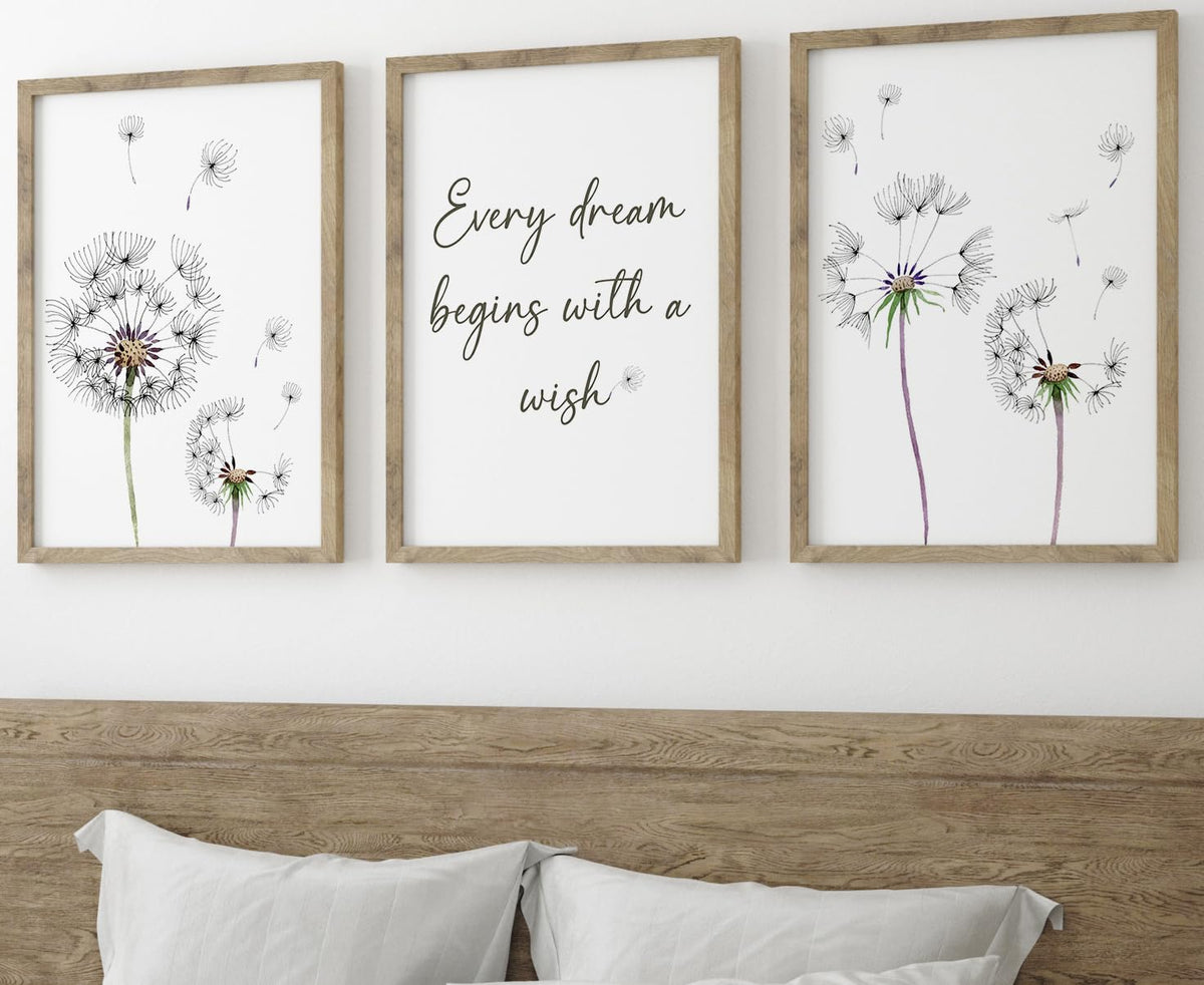 Dandelion Quote Wall Art Set Of 3 Unframed Prints, Plant Decor, Living Room Bedroom Poster Home Decor, Every Dream Begins With A