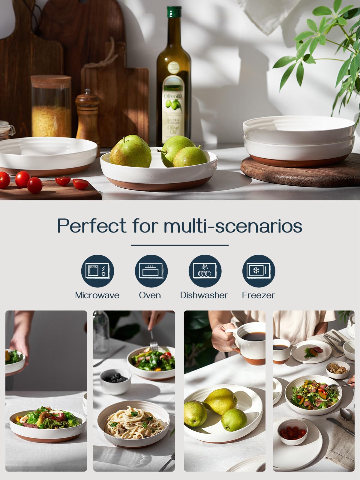 Dowan 8.5'' Pasta Bowls, 30 Oz Large Salad Bowls Alabaster White Serving Bowls For Dinner Wide And Shallow Bowls Set Of 4 Dishwa