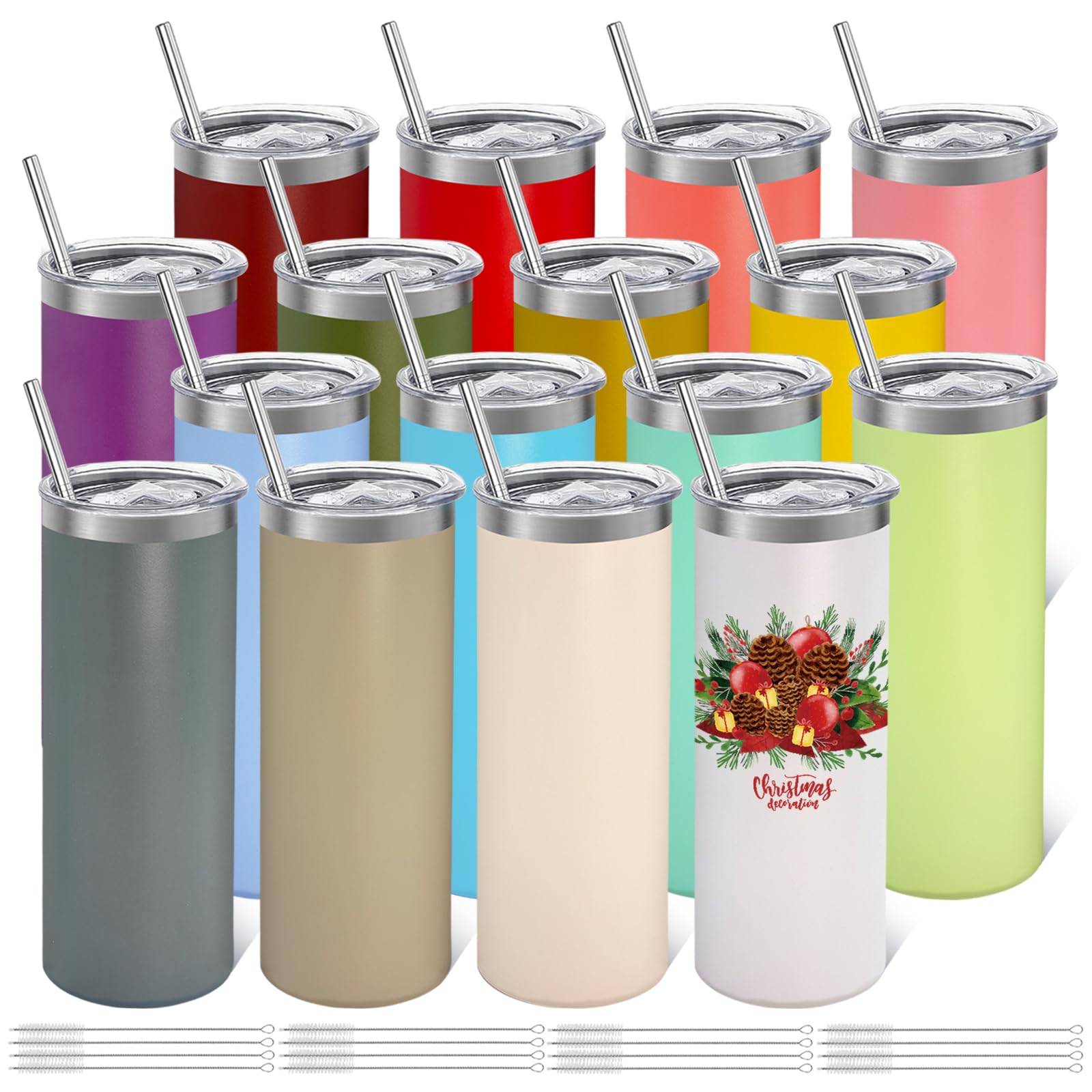 Youke Ola 16 Pack Stainless Steel Skinny Tumblers Bulk Straight Double Wall Powder Coated Insulated Tumbler With Lid And Straw F