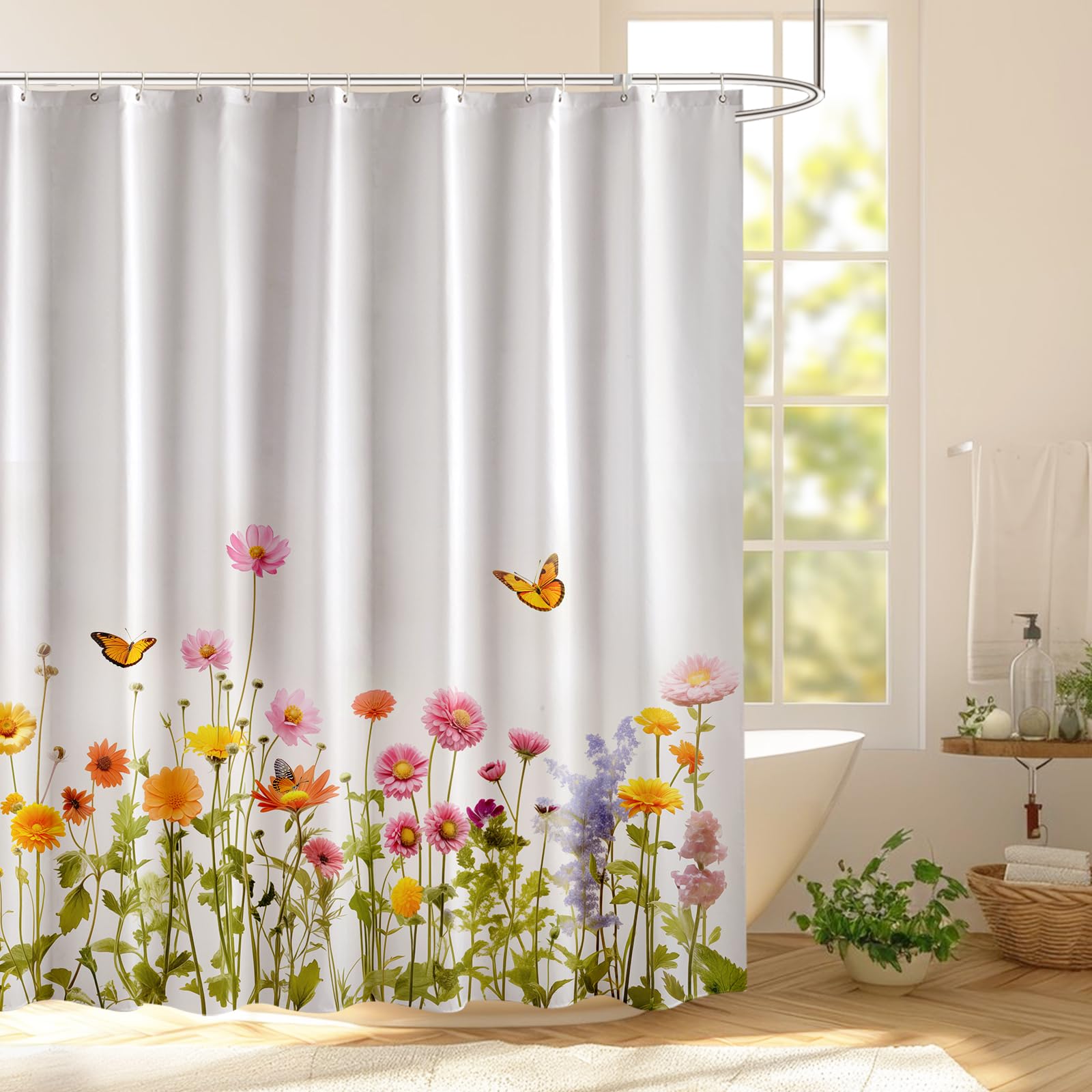 Arichomy Shower Curtain Colorful Bathroom Curtains,Floral Fabric Polyester Printed Waterproof Washable Modern Curtain Set With 1