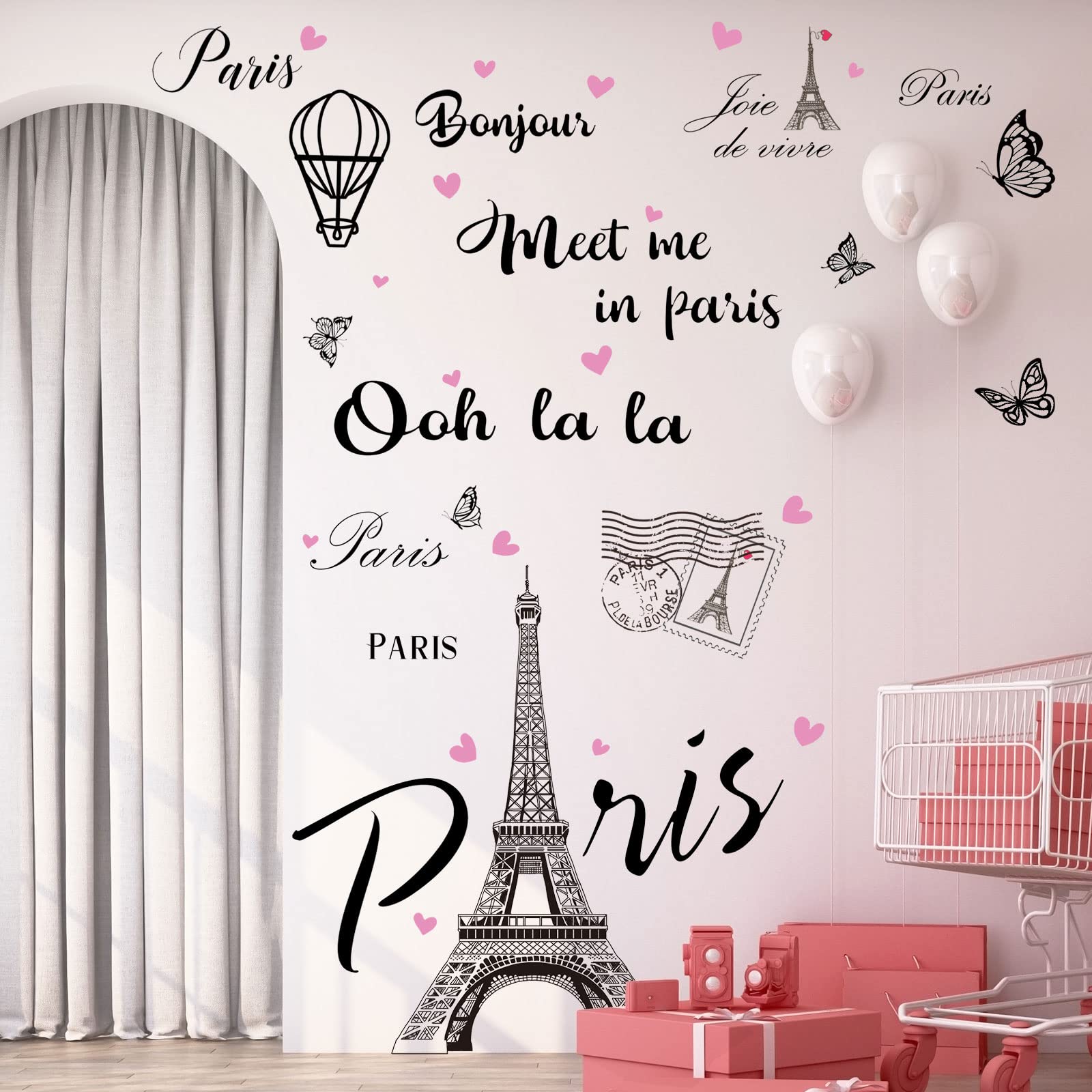 2 Sheets Paris Tower Wall Stickers Paris Eiffel Tower Peel And Stick Wall Decal Removable Balloon Stickers Large Black Paris Tow