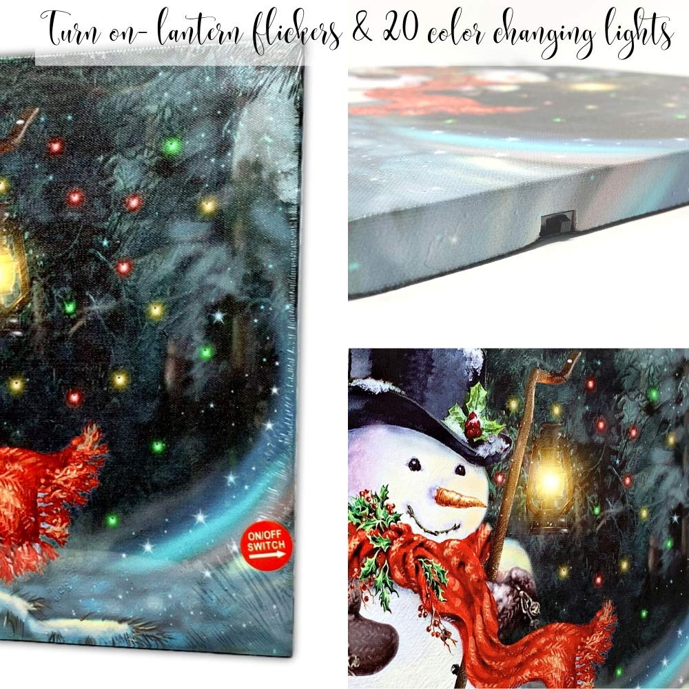 Banberry Designs Light Up Snowman Canvas Print Led Lighted Christmas Wall Hanging Snowman With A Black Top Hat And A Red Scarf H
