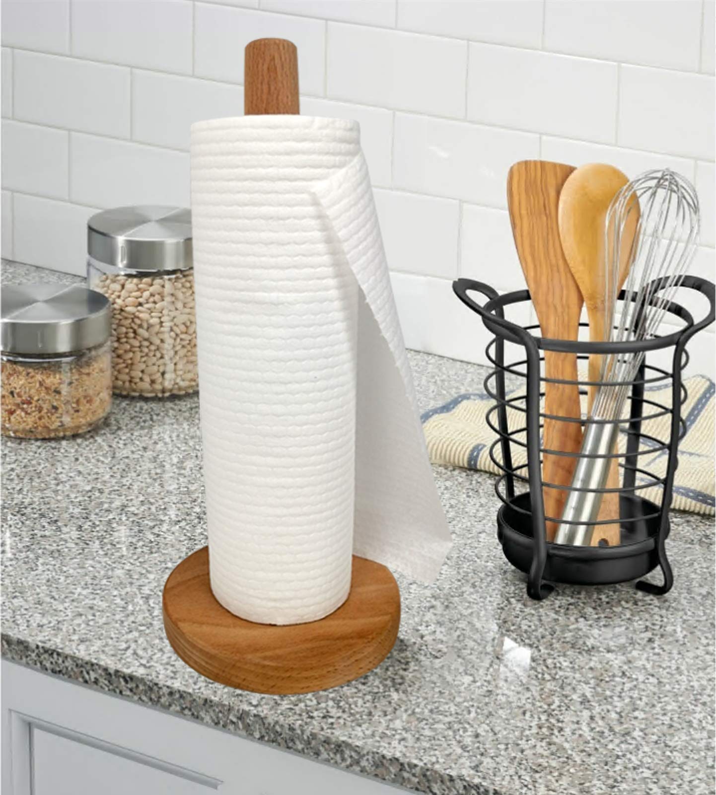 Yistao Wood Paper Towel Holder, Wooden Paper Towel Holder Countertop Standing Paper Towel Organizer Roll Dispenser For Kitchen C