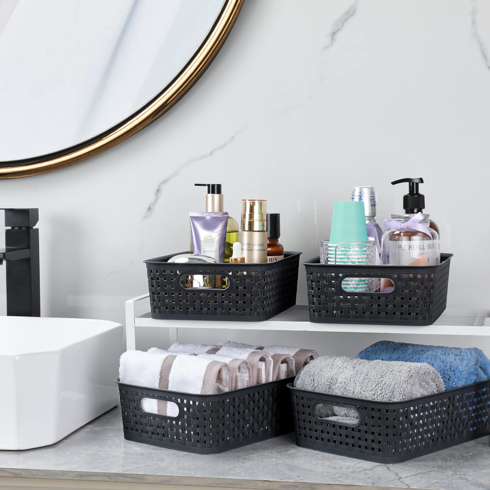 [ 12 Pack ] Plastic Storage Baskets - Small Pantry Organization and Storage Bins - Household Organizers for Laundry Room  Bathrooms  Kitchens  Cabinets  Countertop  Under Sink or On Shelves - Black