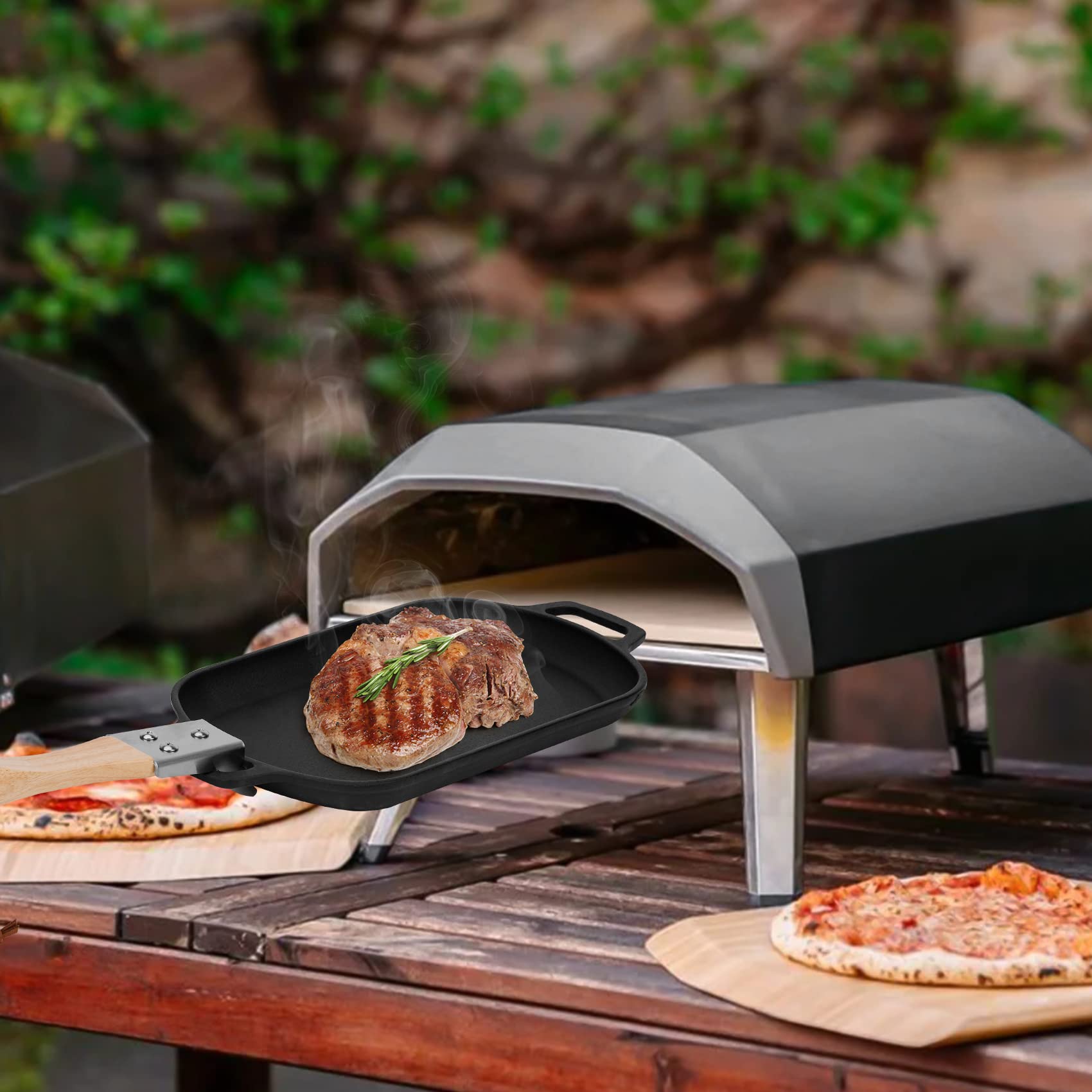 Mimiuo Cast Iron Sizzler Pan For Pizza Oven And Grill, 14 Inch Non-Stick Sizzling Fajita Skillet Rectangular Griddle Pan With Re