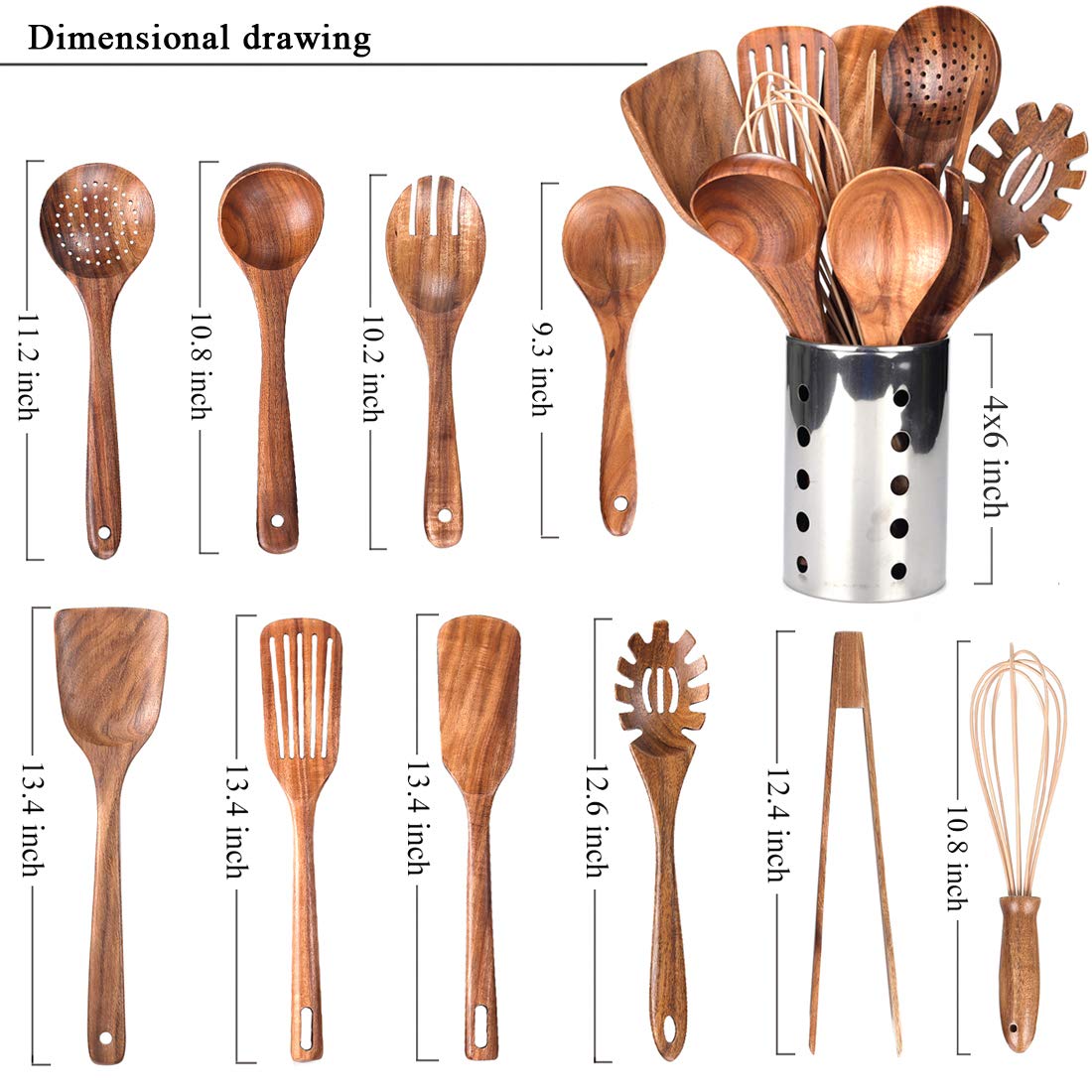Kitchen Utenails Set With Holder,Kitchen Wooden Utensils For Cooking, Wood Utensil Natural Teak Wood Spoons For Cooking,Wooden K