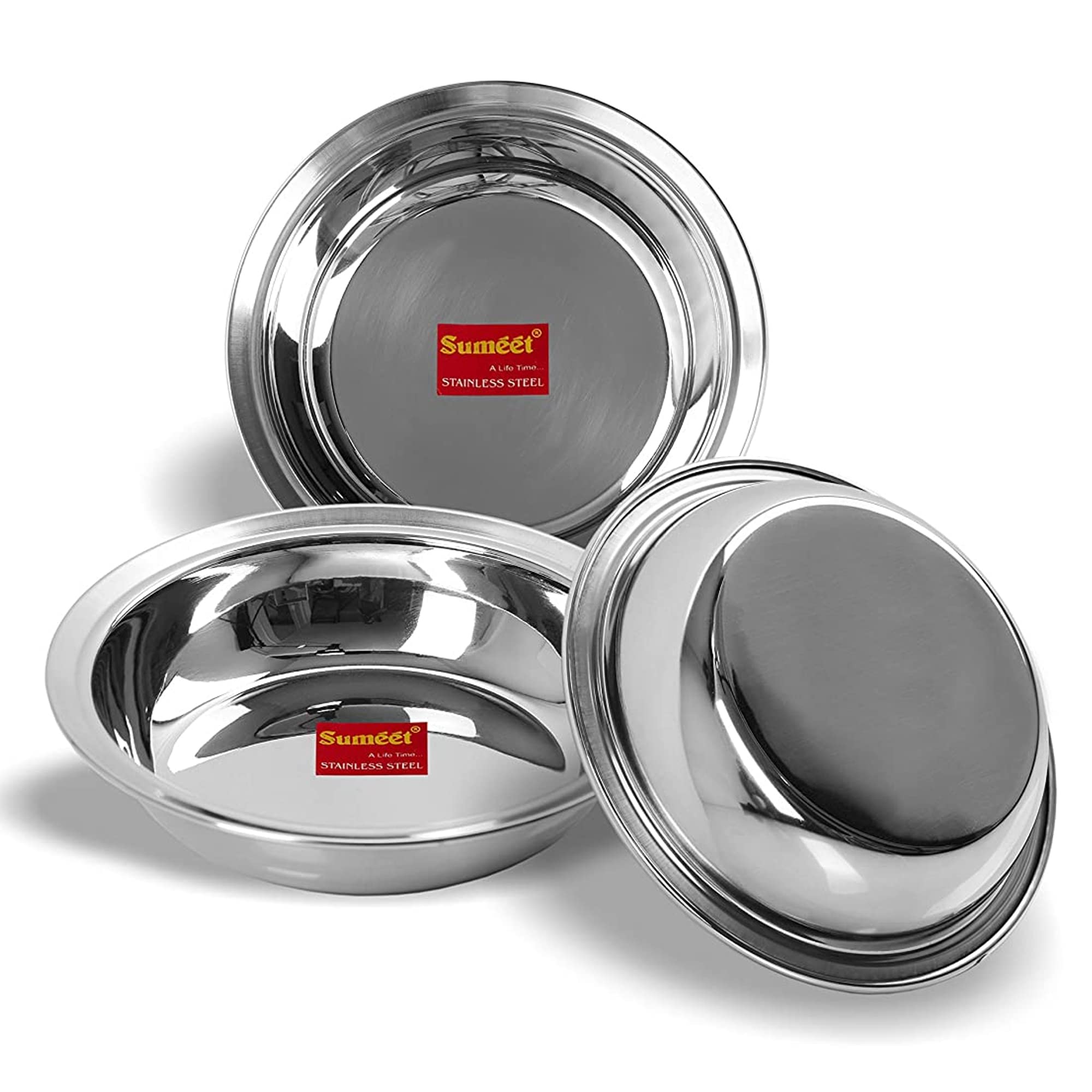Sumeet Stainless Steel Heavy Gauge Multi Utility Serving Plates with Mirror Finish 19cm Dia  Set of 3pc