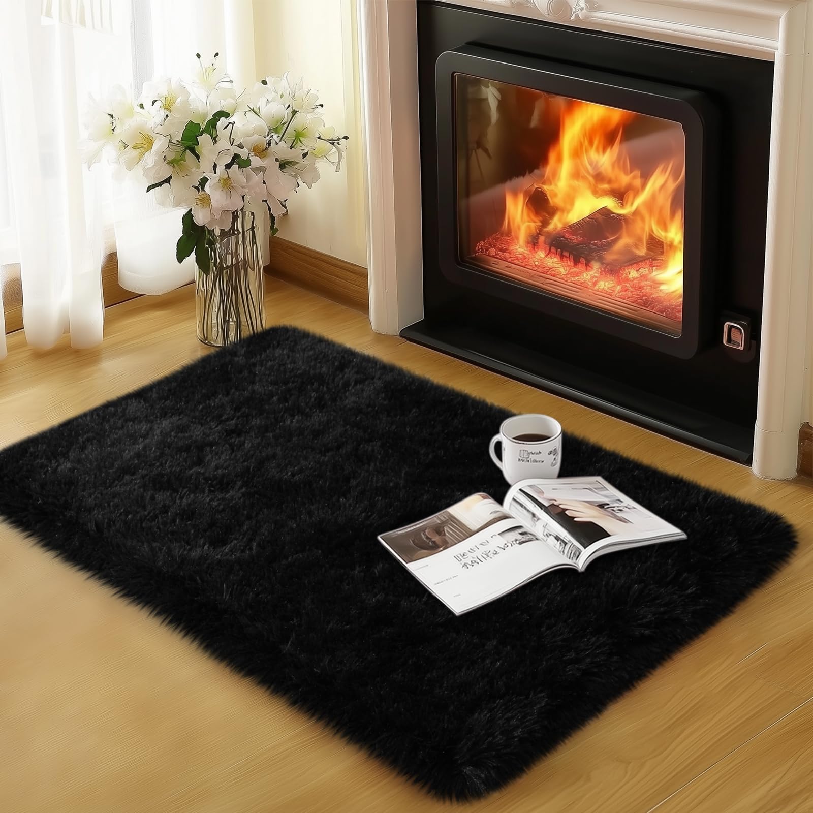 qulint Black Rug for Bedroom, 2x3 Small Area Rugs for Boys Room Soft Shag Fuzzy Rug for Living Room, Plush Shaggy Alfombras for 