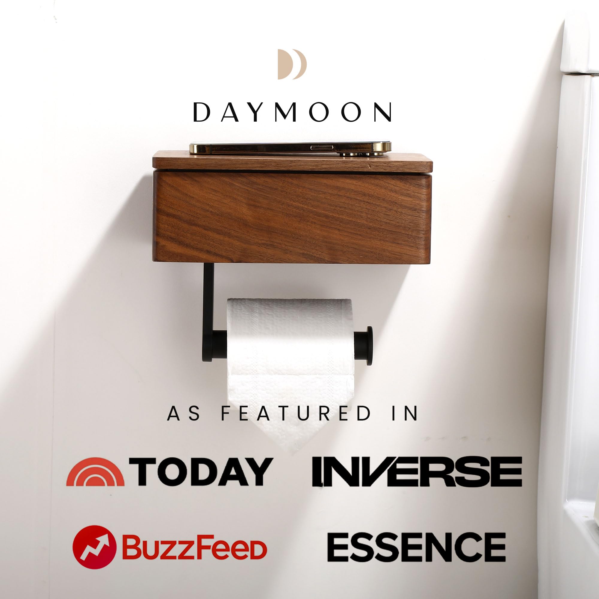 Day Moon Designs Wood Toilet Paper Holder-Wooden Wall Mount Toilet Paper Holder with Shelf as Flushable Wipes Dispenser Bathroom Storage Phone Holder Box Restroom Storage  Black Walnut Wood Dark Wood