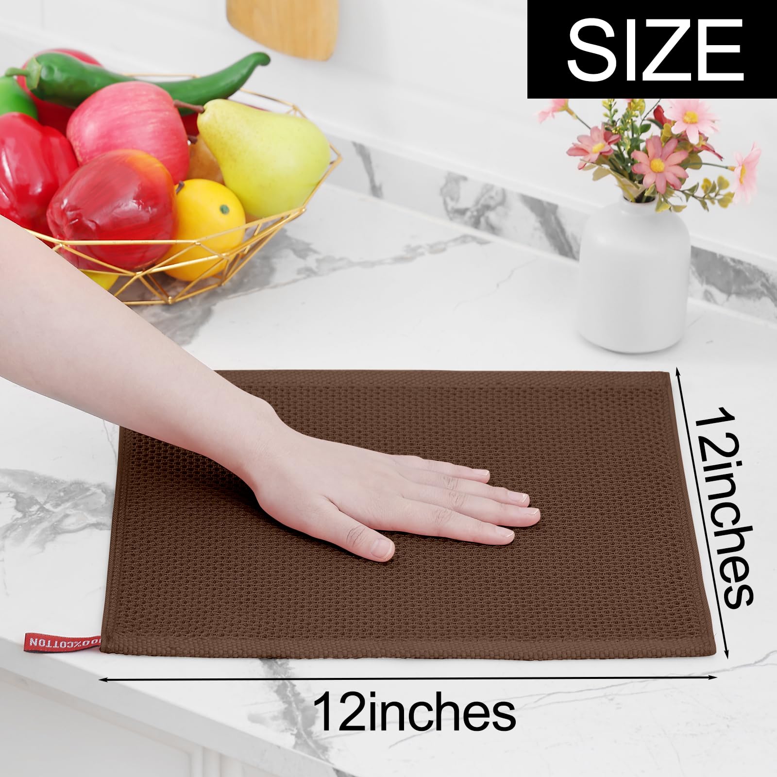 Homaxy 100% Cotton Waffle Weave Kitchen Dish Cloths, Ultra Soft Absorbent Quick Drying Dish Towels, 12 x 12 Inches, 12-Pack, Cof