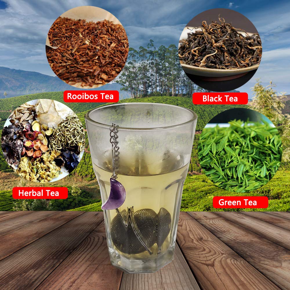 2Pcs Tea Infuser, Scdom Stainless Steel Ball Mesh Tea Strainer, Amethyst & White Crystal Moon Pendant Tea Ball Tea Filter With E