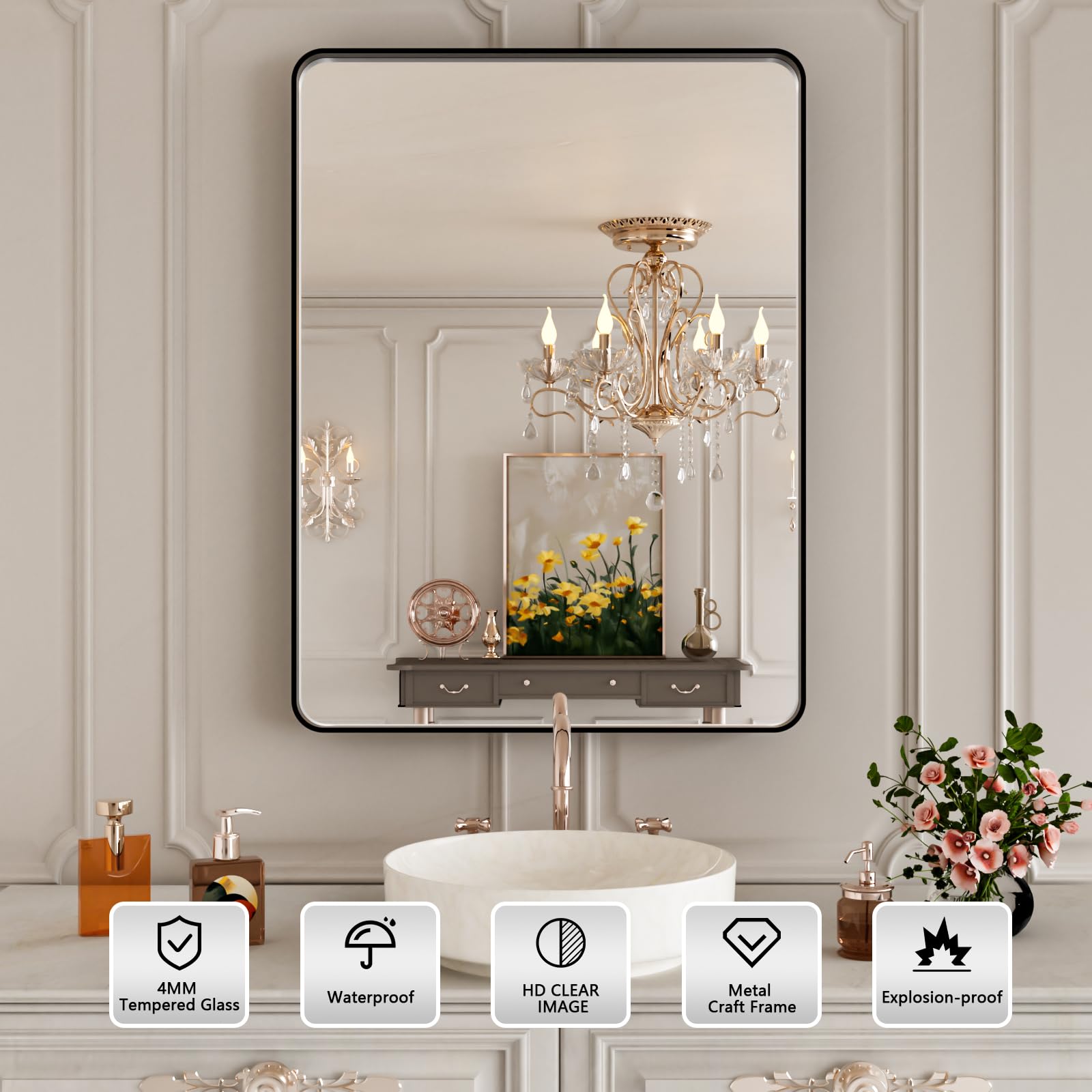 Istripmf Black Bathroom Vanity Mirror 28X36 Inch,Rounded Rectangle Matte Black Mirror For Bathroom Wall,Tempered Glass,Horizonta