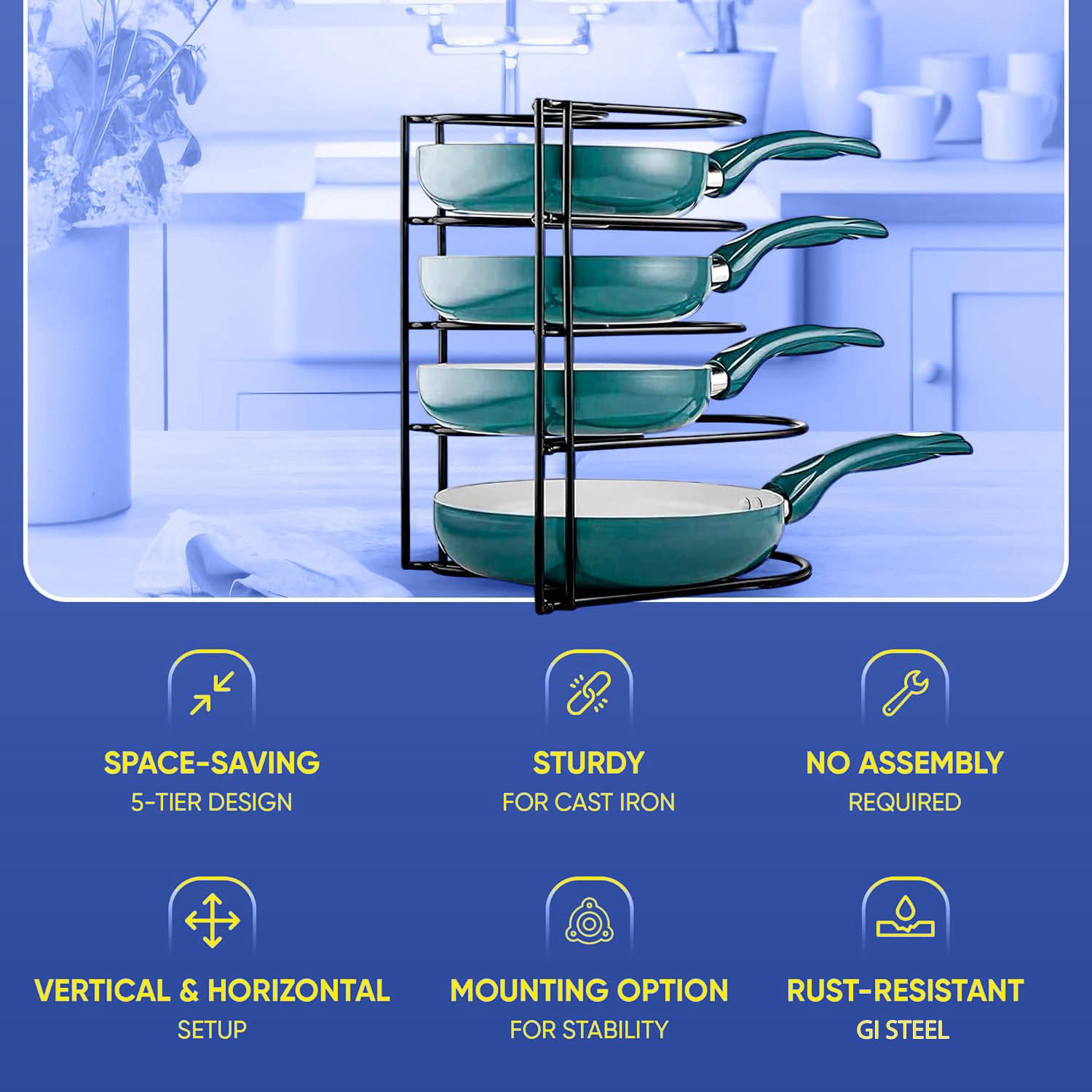 WonderStand Heavy Duty Pot Pan Rack Organizer (5-Tier), Pan Rack Holder and Organizer Rack for Home/Kitchen