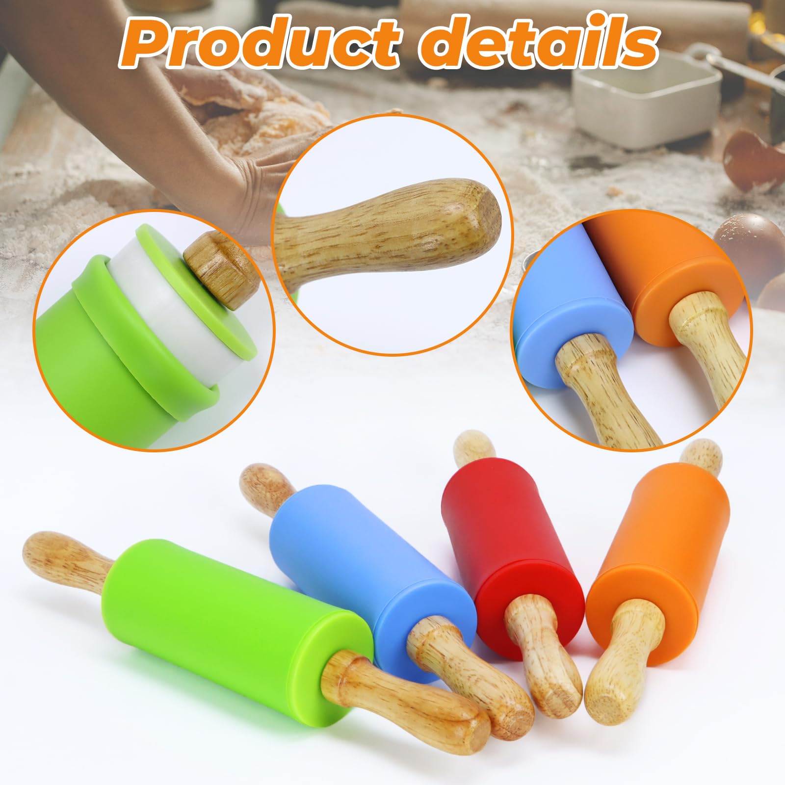 Faxco 4 Pack Mini Rolling Pin For Kids, 9 Inch Wooden Handle Rolling Pin Non-Stick Silicone Rolling Pins For Children Cake Bakin