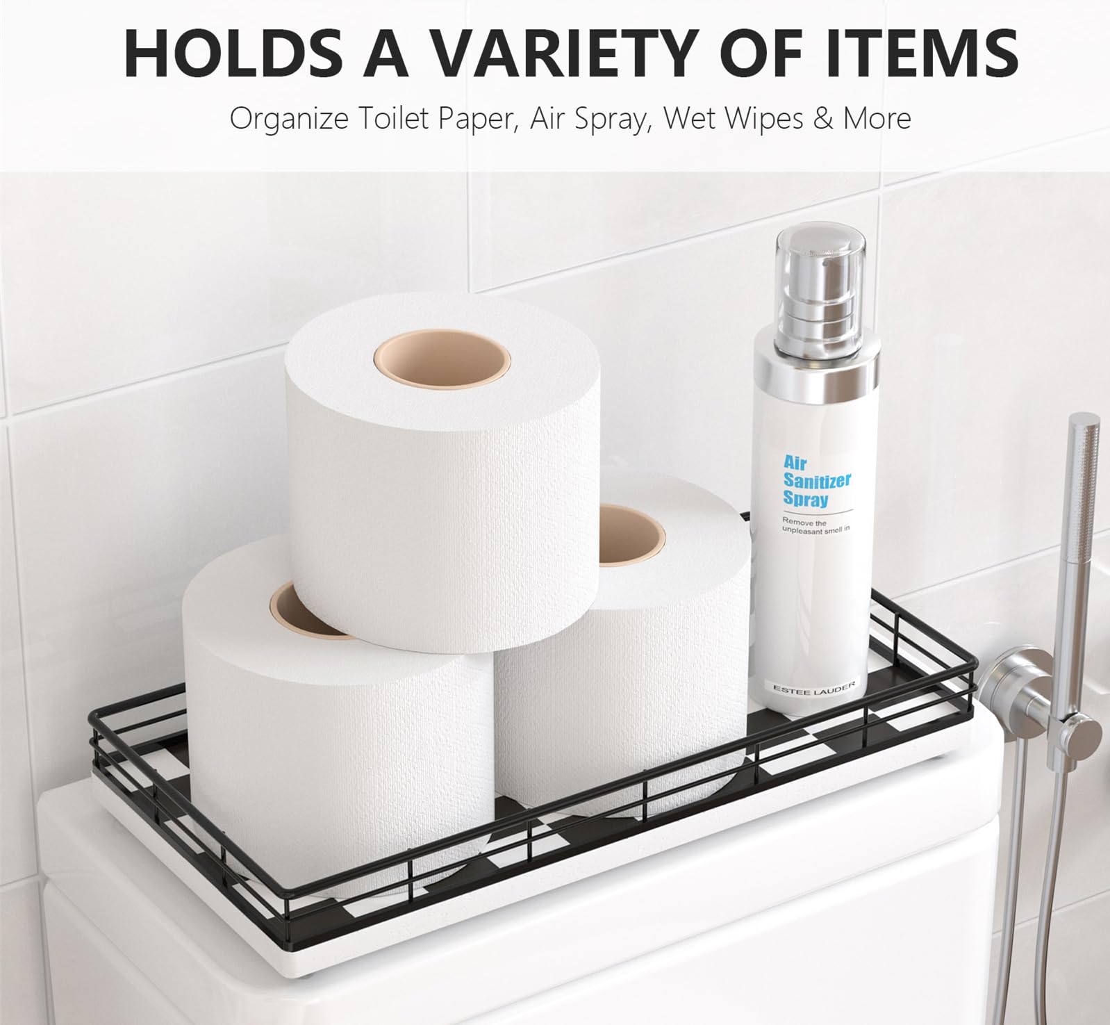 Toilet Tank Tray Organizer - Oak Wood Bathroom Counter Basket with Metal Frame, Back of Toilet or Tank Top Paper Holder Storage