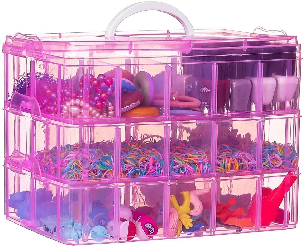 Paxcoo Pink 3Tier Stackable Storage Containers With Lids  30 Adjustable Compartments For Craft Organizers  Storage Box For Je